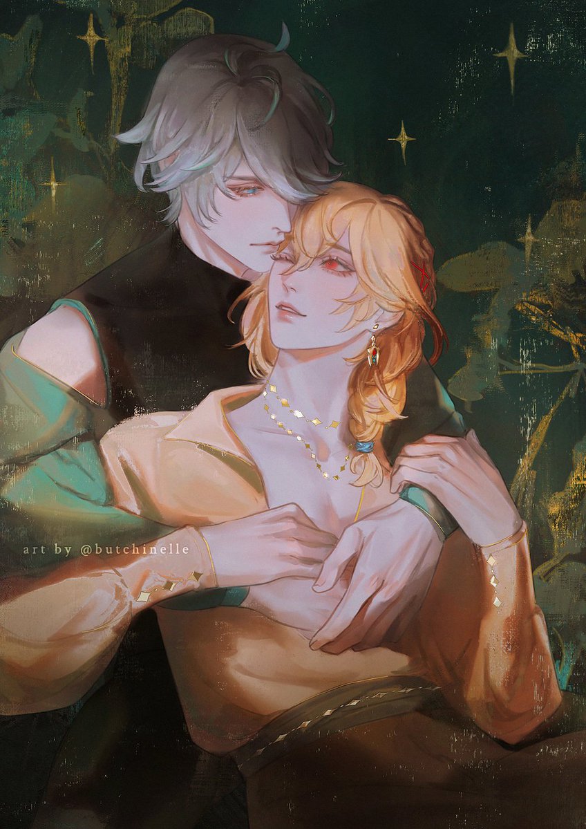 2boys alhaitham_(genshin_impact) black_shirt blonde_hair blue_eyes butchinelle collared_shirt earrings eyelashes genshin_impact green_background grey_hair hair_between_eyes hug hug_from_behind jewelry kaveh_(genshin_impact) long_sleeves looking_at_another male_focus multiple_boys necklace one_eye_closed open_clothes orange_shirt puffy_long_sleeves puffy_sleeves red_eyes shirt short_hair simple_background single_earring smile star_(symbol) swept_bangs watermark yaoi