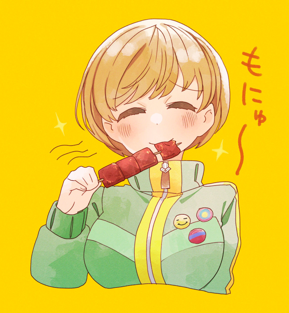 1girl badge blush breasts brown_hair button_badge closed_eyes closed_mouth cropped_torso eating facing_viewer food good_meat_day green_jacket hand_up highres holding holding_food holding_skewer jacket kyougetsu_(junrai) long_sleeves meat medium_breasts persona persona_4 satonaka_chie short_hair simple_background skewer solo sound_effects swept_bangs track_jacket yellow_background zipper