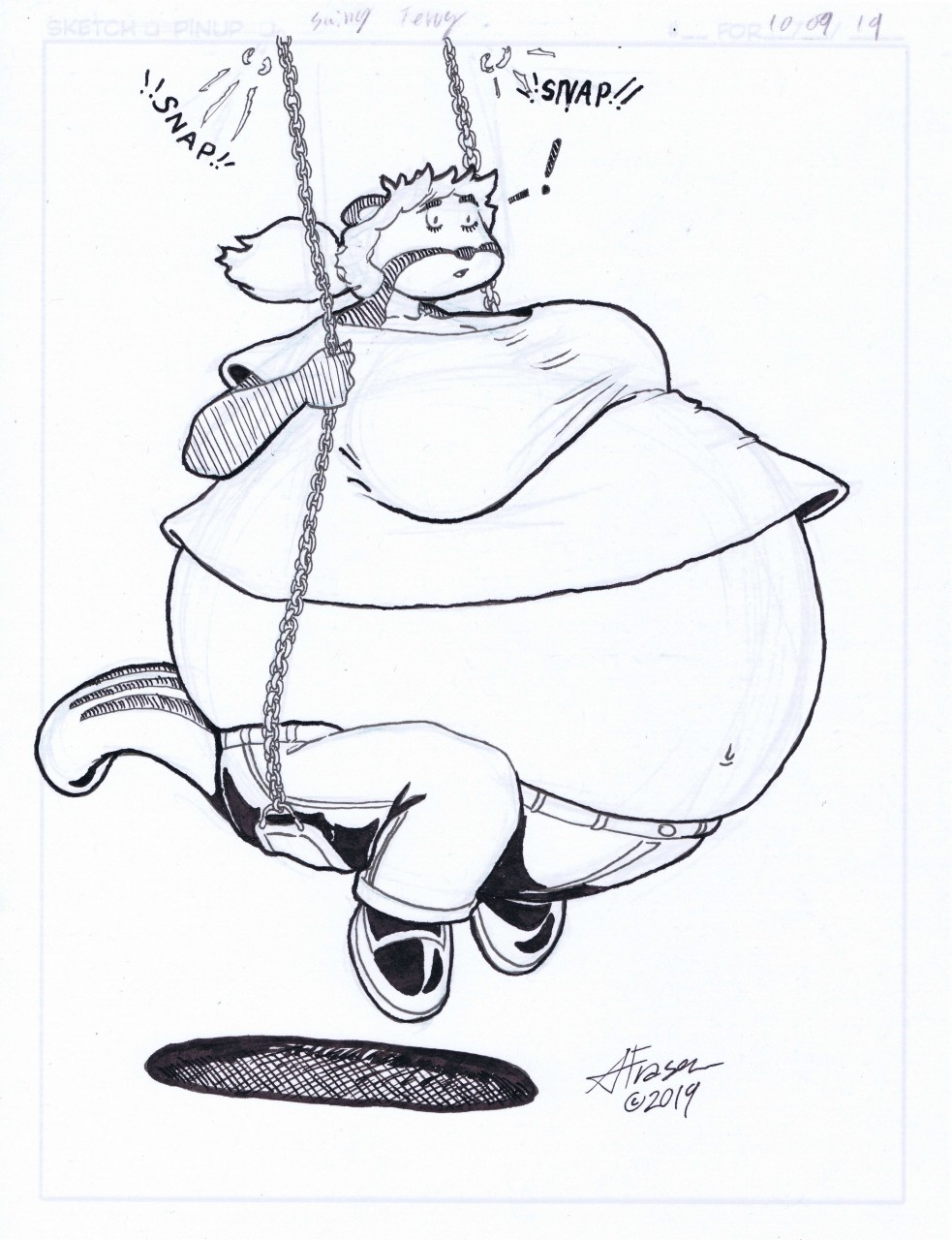 2019 anthro belly big_belly big_breasts bottomwear botulismbunny_(artist) breasts chipmunk clothing english_text female footwear ground_squirrel hair hi_res huge_belly huge_breasts mammal navel pants pregnant rodent sciurid shirt shoes solo sound_effects swing terry_(satsumalord) text topwear traditional_media_(artwork)