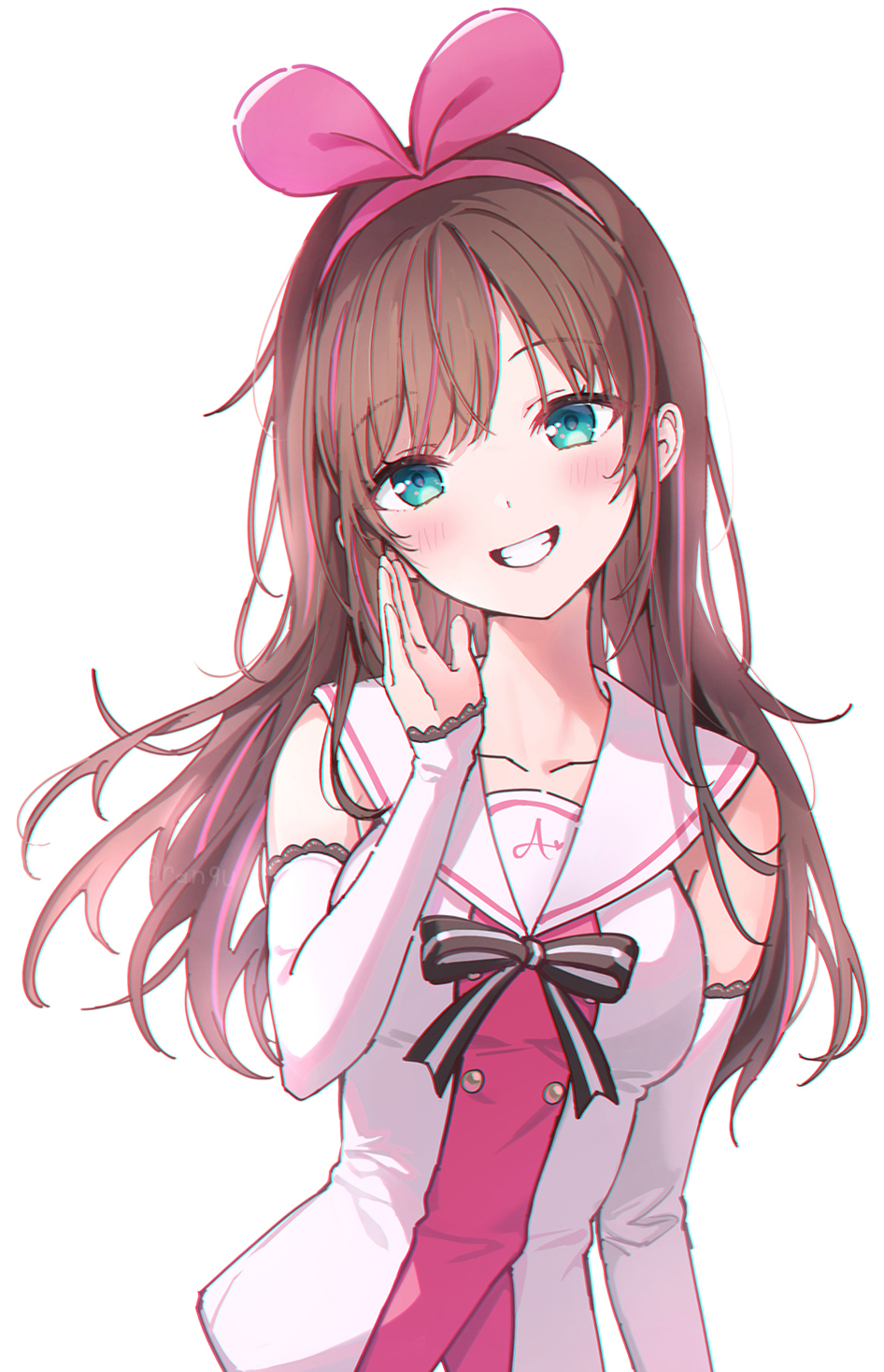 1girl aqua_eyes breasts brown_hair collarbone commentary_request detached_sleeves hairband highres kizuna_ai kizuna_ai_inc. long_hair looking_at_viewer medium_breasts multicolored_hair pink_hair pink_hairband rangu sailor_collar simple_background smile solo two-tone_hair virtual_youtuber white_background white_sailor_collar white_sleeves