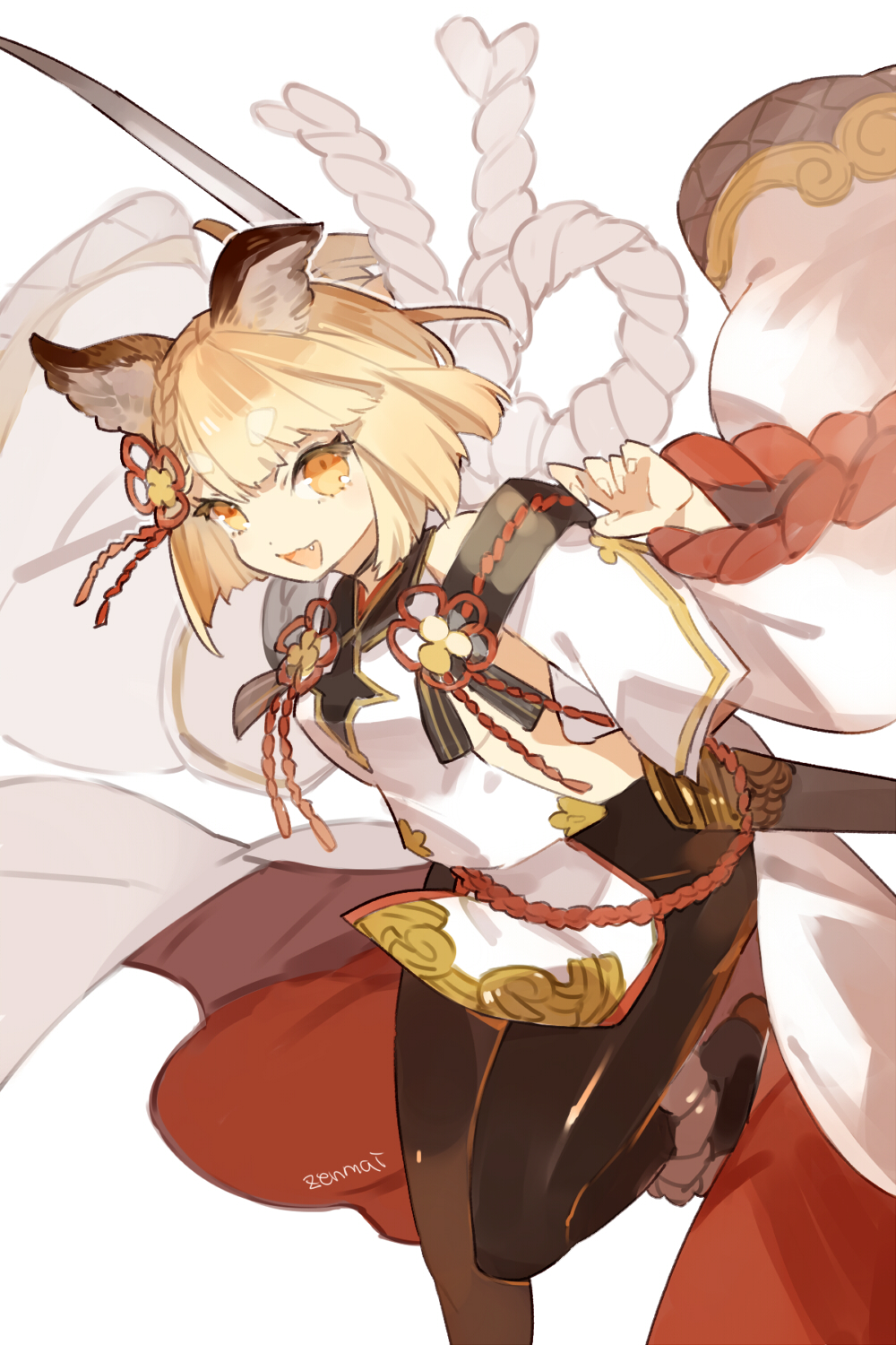 1girl animal_ears artist_name blonde_hair braid breasts brown_pantyhose cyenmi3 detached_sleeves dog_ears dress fang granblue_fantasy highres holding holding_sword holding_weapon open_mouth orange_eyes pantyhose pelvic_curtain rope sandals sheath shimenawa short_dress short_hair simple_background sleeveless sleeveless_dress small_breasts smile solo sword vajra_(granblue_fantasy) weapon white_background white_dress wide_sleeves