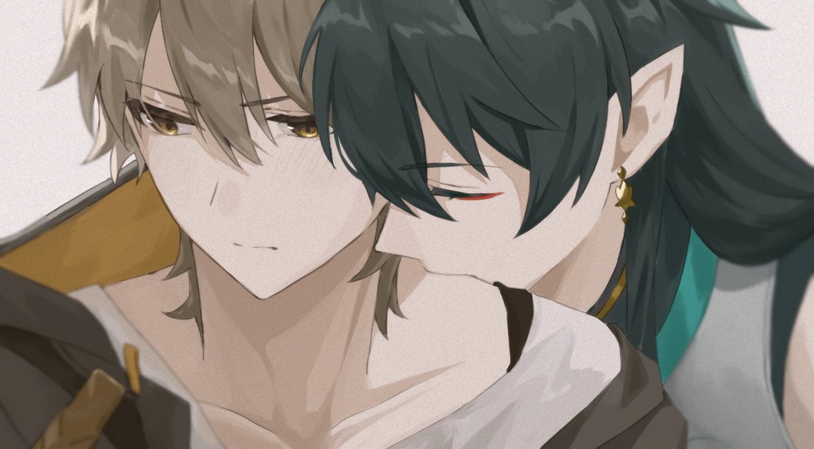 2boys biting biting_shoulder black_hair caelus_(honkai:_star_rail) chinese_clothes closed_mouth dan_heng_(honkai:_star_rail) dan_heng_(imbibitor_lunae)_(honkai:_star_rail) detached_sleeves earrings hair_between_eyes honkai:_star_rail honkai_(series) jacket jewelry light_brown_hair long_hair male_focus multiple_boys pointy_ears red_eyeliner sapa1786778265 shirt short_hair simple_background single_earring trailblazer_(honkai:_star_rail) upper_body v-shaped_eyebrows white_background white_shirt yaoi yellow_eyes