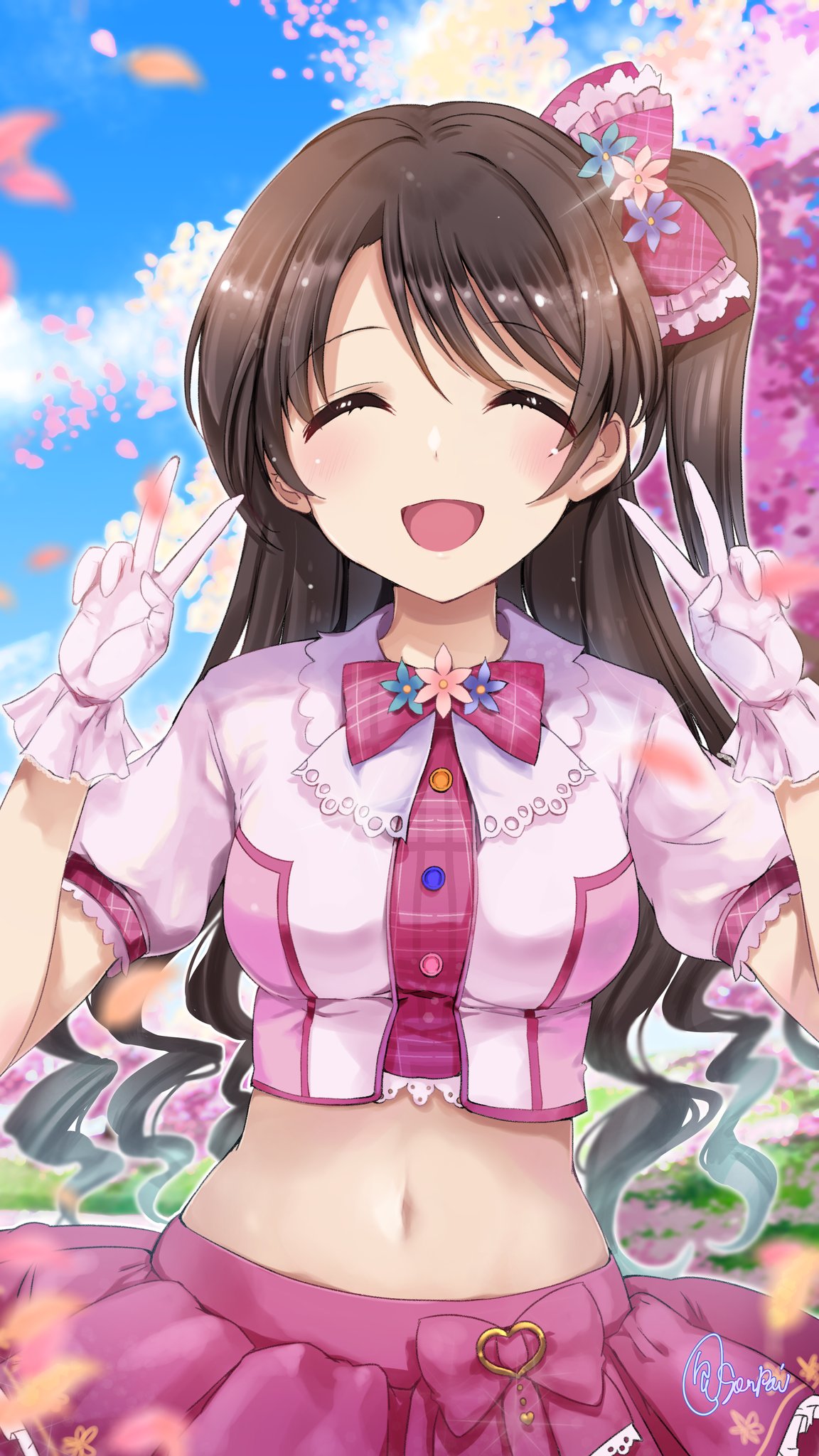 1girl :d blue_sky blurry blush bow bowtie breasts brown_hair cherry_blossoms closed_eyes crop_top cropped_jacket day dot_nose double_v falling_petals flower frilled_shirt frills gloves grass hair_flower hair_ornament hair_ribbon hands_up heart highres idolmaster idolmaster_cinderella_girls idolmaster_cinderella_girls_starlight_stage long_hair looking_at_viewer medium_breasts midriff navel one_side_up open_mouth outdoors paopao petals pink_bow pink_bowtie pink_ribbon pink_shirt pink_skirt plaid plaid_ribbon ribbon shimamura_uzuki shirt short_sleeves signature skirt sky smile solo v white_gloves