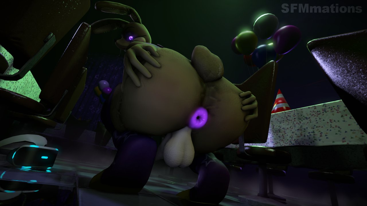 3d_(artwork) anthro anus backsack balloon balls big_butt butt chair clothing crouching digital_media_(artwork) five_nights_at_freddy's five_nights_at_freddy's_vr:help_wanted fur furniture genitals girly glitchtrap glowing glowing_anus glowing_eyes green_body green_fur inflatable lagomorph legwear leporid looking_back male mammal penis presenting presenting_anus presenting_hindquarters purple_anus purple_eyes rabbit scottgames sfmmations solo source_filmmaker spread_butt spreading table thigh_highs vr_headset watermark