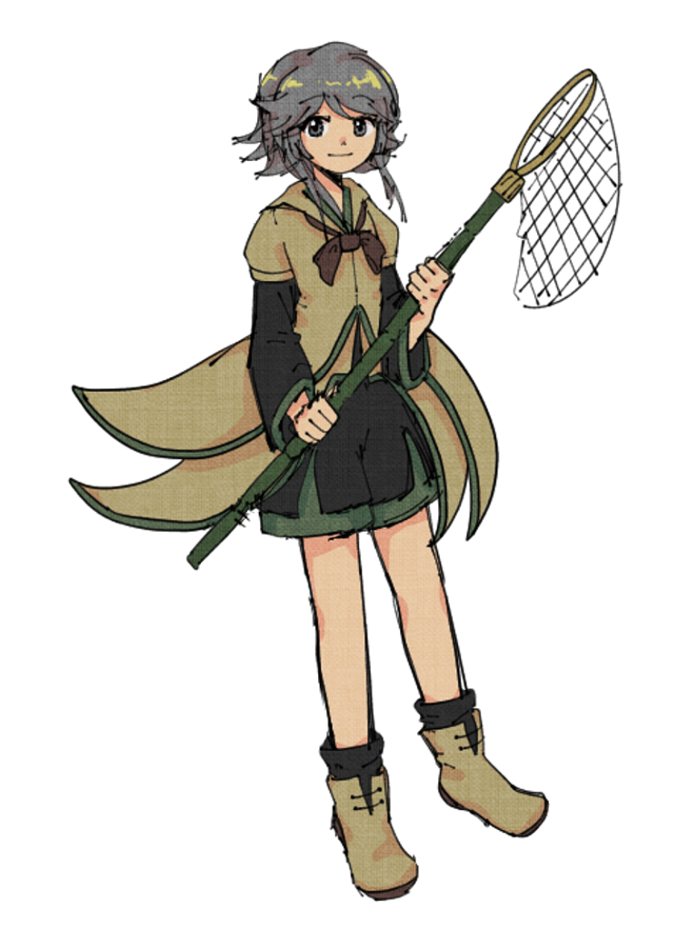 1other androgynous ascot black_socks brown_ascot butterfly_net closed_mouth coat green_shorts green_trim grey_eyes grey_hair hand_net holding holding_butterfly_net houlen_yabusame layered_sleeves len'en long_sleeves other_focus short_hair_with_long_locks short_over_long_sleeves short_sleeves shorts simple_background smile socks solo white_background wings-of-magritte yellow_coat yellow_footwear