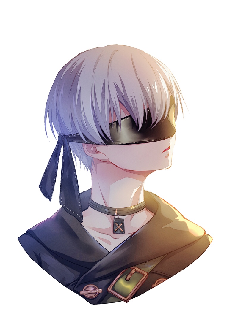 1boy ayu_(so_doom) black_blindfold black_choker blindfold choker covered_eyes cropped_torso male_focus nier:automata nier_(series) open_mouth portrait profile short_hair solo white_hair yorha_no._9_type_s