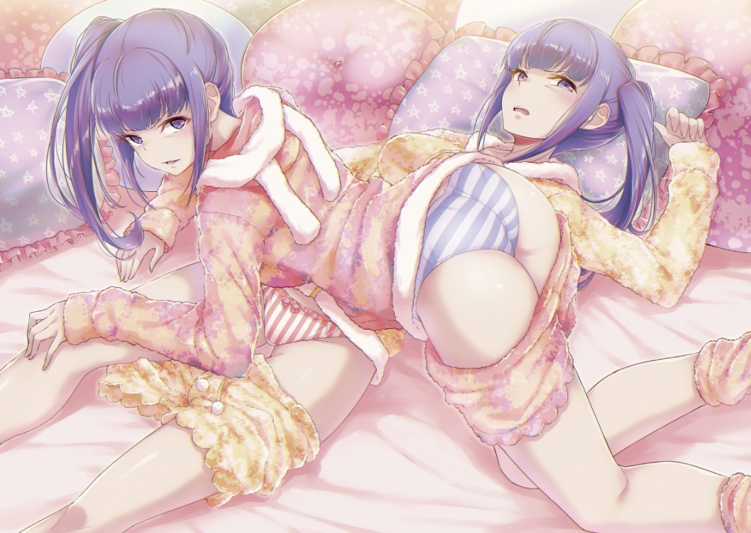 2girls 40hara bed disgust from_side futaba_kano futaba_yuno iya_na_kao_sare_nagara_opantsu_misete_moraitai long_hair multiple_girls non-web_source open panties ponytail shaded siblings sidelocks sisters striped twins underwear viewer