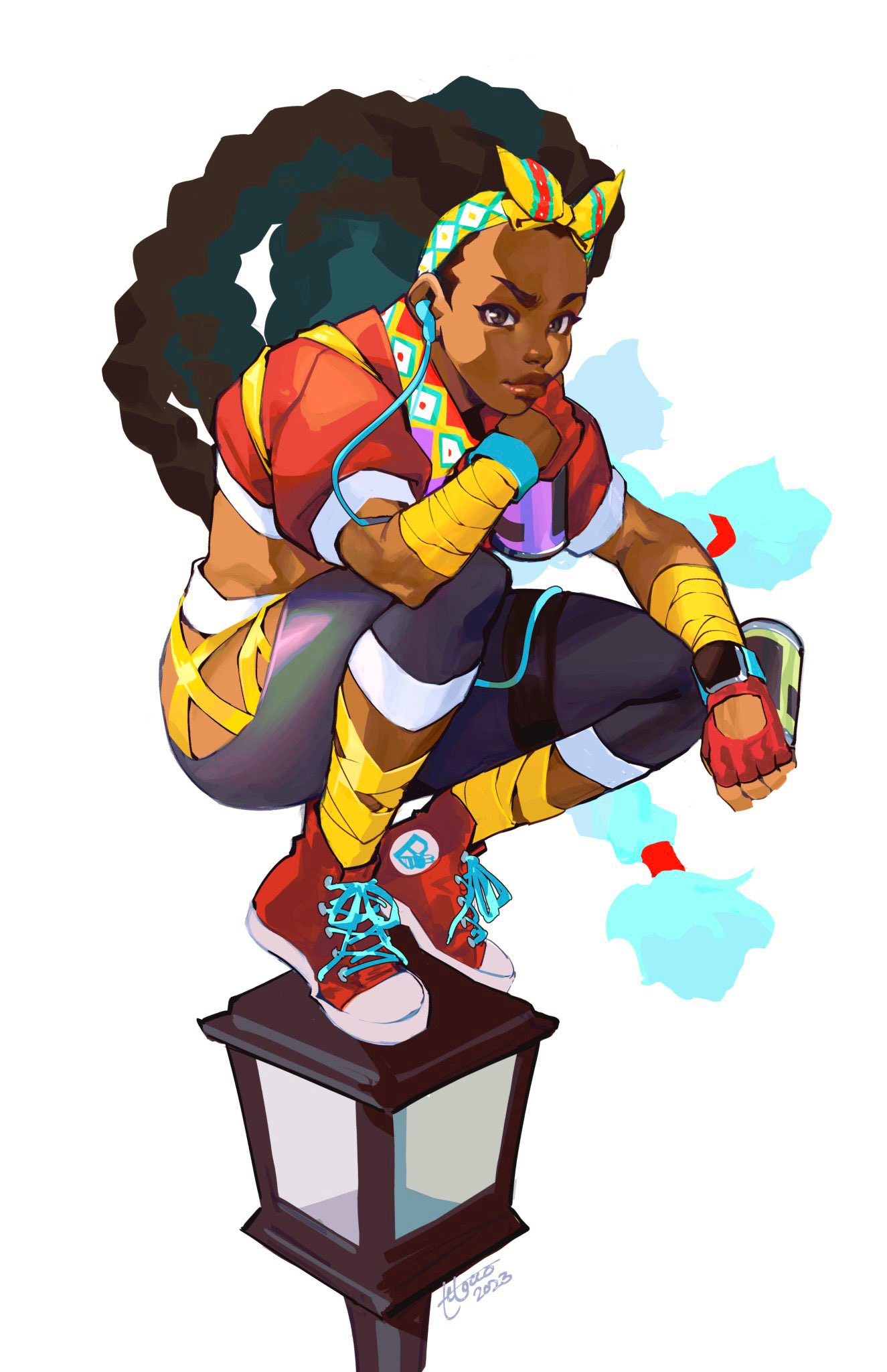 braid capcom dark-skinned_female dark_skin highres in-ear_earphones kimberly_jackson lamppost ninja parody red_footwear squatting street_fighter walkman