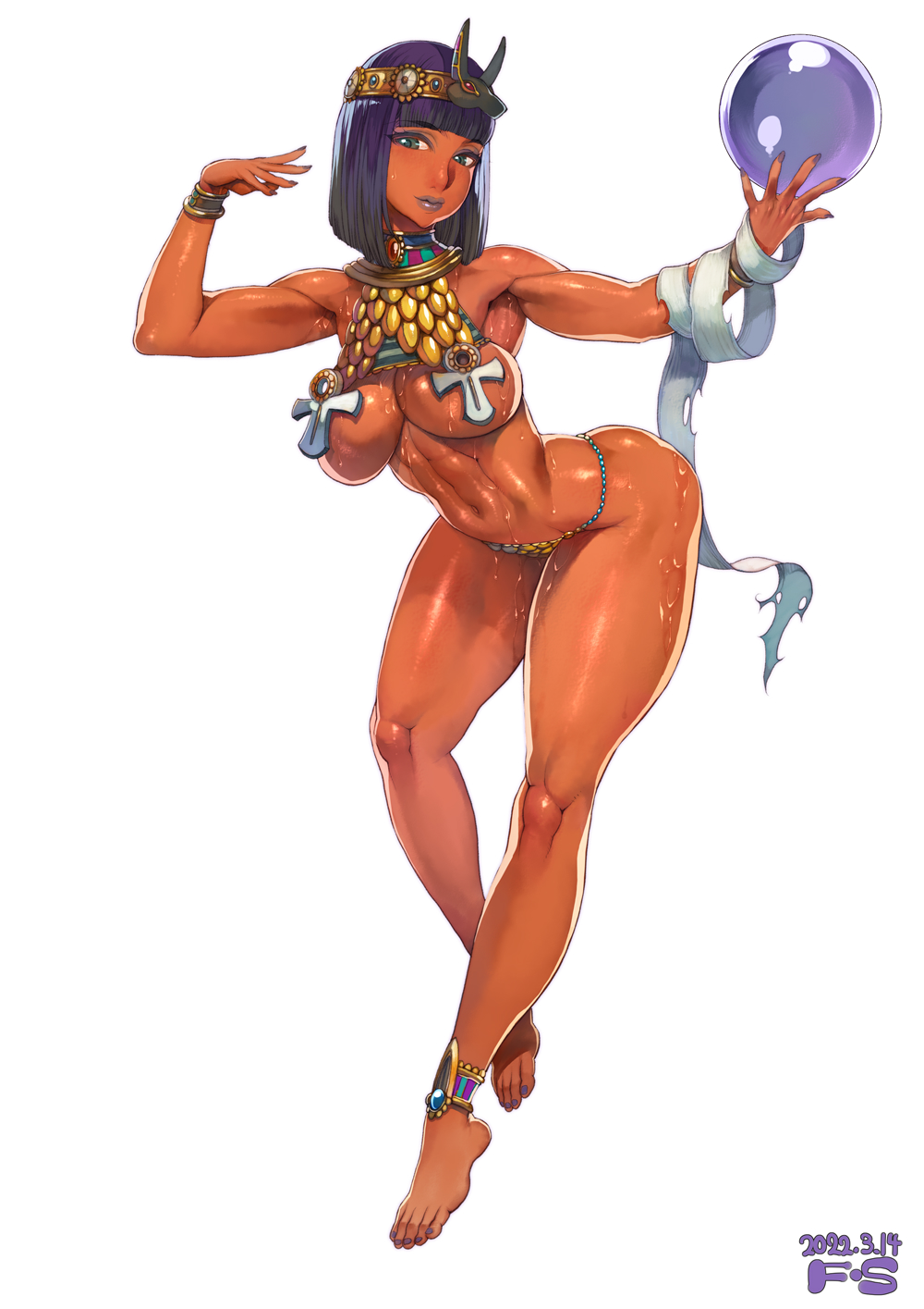 1girl alternate_costume barefoot bob_cut breasts commission crystal_ball dark-skinned_female dark_skin dated f.s. full_body highres jewelry looking_at_viewer menat navel purple_hair short_hair skeb_commission solo street_fighter street_fighter_v sweat