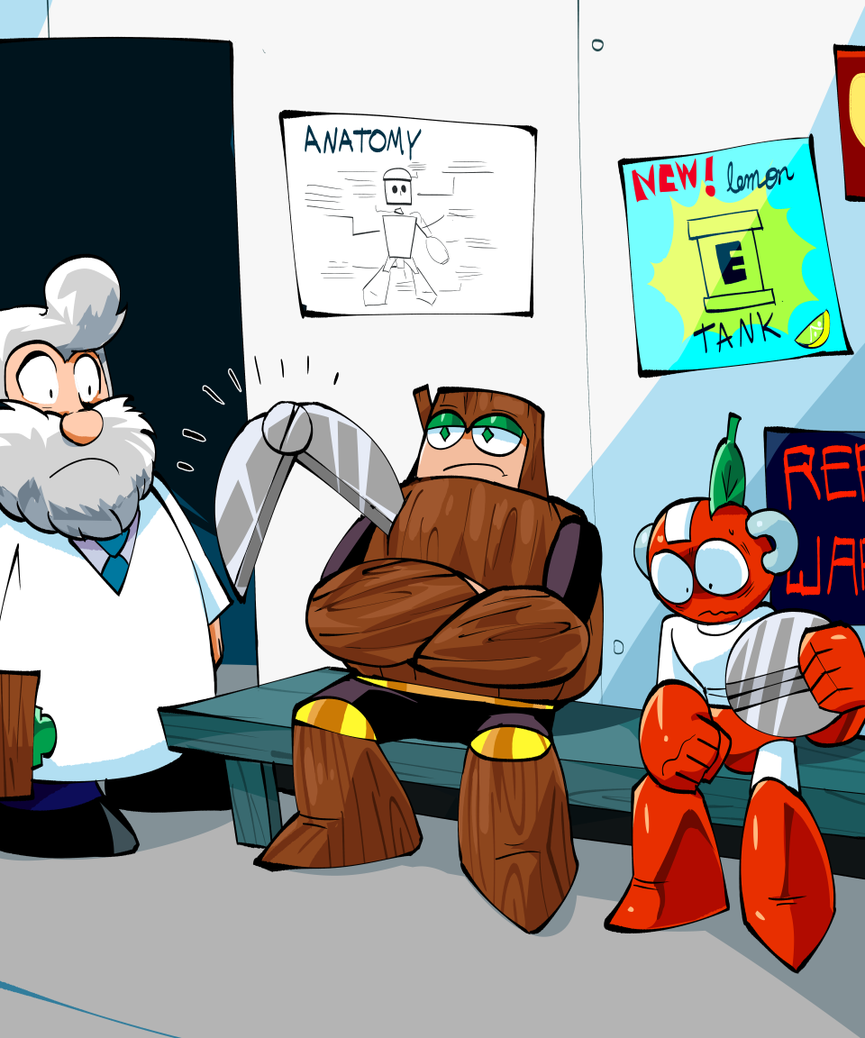 ._. 3boys beard commentary_request crossed_arms cut_man dr._light_(mega_man) energy_tank english_commentary english_text facial_hair green_eyes grey_hair lab_coat leaf looking_down male_focus mega_man_(classic) mega_man_(series) mega_man_1 mega_man_2 multiple_boys old old_man scissors sitting spectrumw wood_man