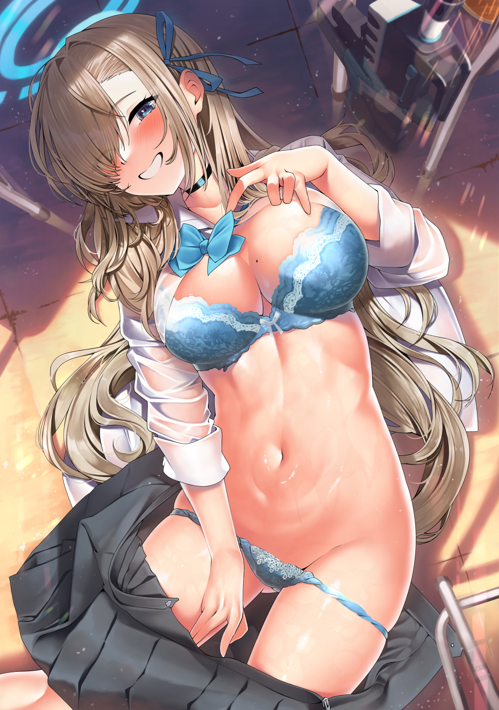 1girl asuna_(blue_archive) black_skirt blue_archive blue_bra blue_eyes blue_panties blue_ribbon blush bow bowtie bra breasts choker cleavage collarbone collared_shirt dress_shirt grin hair_over_one_eye hair_ribbon halo highres kawai_(purplrpouni) large_breasts light_brown_hair long_hair looking_at_viewer mole mole_on_breast navel open_clothes panties pleated_skirt ribbon shirt skirt sleeves_rolled_up smile solo thighs underwear very_long_hair white_shirt