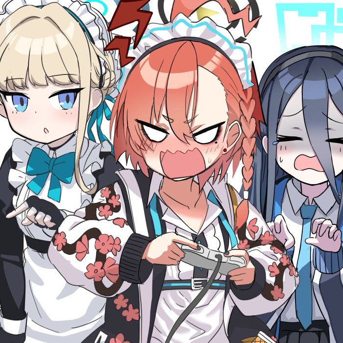 3girls absurdly_long_hair ahoge apron aris_(blue_archive) black_hair blue_archive blue_eyes braid bun_cover collared_shirt commentary_request controller earrings game_controller hair_between_eyes hairband halo holding holding_controller holding_game_controller jacket jewelry light_brown_hair long_hair long_sleeves looking_at_viewer maid maid_apron maid_headdress multiple_girls necktie neru_(blue_archive) o_(rakkasei) open_clothes open_jacket parted_bangs playing_games red_hair school_uniform shirt sidelocks simple_background single_braid sukajan sweatdrop toki_(blue_archive) very_long_hair white_background