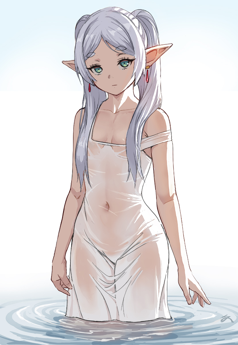 breasts clothed clothing ear_piercing elf female frieren frieren_beyond_journey's_end hair hi_res humanoid humanoid_pointy_ears not_furry piercing silver_hair small_breasts solo standing wet wet_clothing wide_hips zefrableu