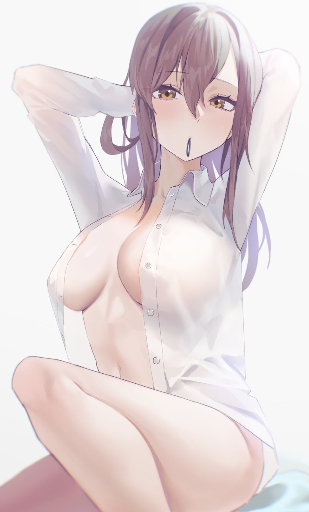 1girl aoyama_nanami arms_up breasts brown_hair collared_shirt commentary_request commission covered_nipples dress_shirt hair_between_eyes highres kazane-wind long_hair long_sleeves looking_at_viewer medium_breasts mouth_hold naked_shirt navel open_clothes open_shirt pixiv_commission revision sakura-sou_no_pet_na_kanojo see-through see-through_shirt shirt simple_background solo unbuttoned unbuttoned_shirt white_background white_shirt yellow_eyes