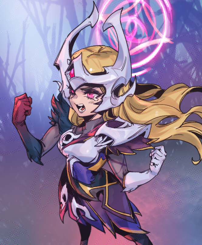 1girl armor blonde_hair blush clenched_hand coven_syndra d: dress from_side gem hands_up league_of_legends long_hair magic multicolored_background phantom_ix_row pink_eyes serious shiny_clothes shoulder_plates solo syndra tearing_up teeth tree