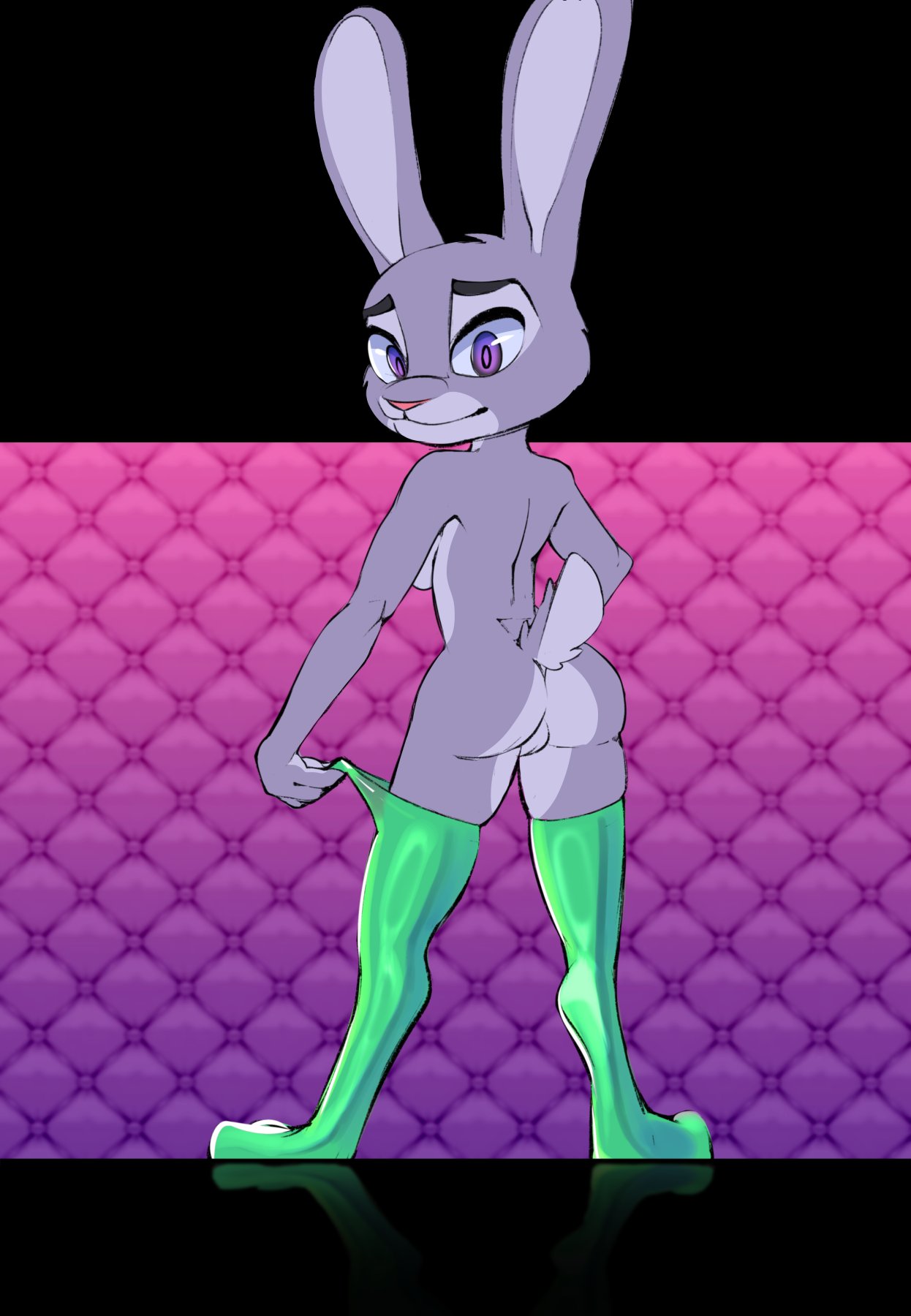 2023 anthro blazera breasts butt disney eyebrows female fur genitals grey_body grey_fur hi_res judy_hopps lagomorph latex latex_stockings leporid long_ears looking_at_viewer looking_back looking_back_at_viewer mammal purple_eyes pussy rabbit scut_tail short_tail side_boob solo standing tail zootopia