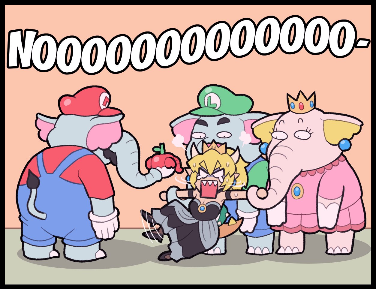 2boys 2girls apple armlet ayyk92 bare_shoulders barefoot black_dress blank_eyes blonde_hair blue_gemstone blue_overalls bowsette brooch cabbie_hat chibi colored_skin constricted_pupils crown dress earrings elephant_boy elephant_fruit elephant_luigi elephant_mario elephant_princess_peach facial_hair food forced frown fruit gem gloves green_headwear green_shirt grey_skin hair_between_eyes hat holding holding_another's_wrist holding_food holding_fruit jewelry letter_print mario_(series) multiple_boys multiple_girls mustache no off-shoulder_dress off_shoulder orange_background overalls pink_dress pink_skin ponytail red_apple red_headwear red_shirt restrained sharp_teeth shirt shouting sphere_earrings spiked_shell spiked_tail strapless strapless_dress super_crown super_mario_bros._wonder tail teeth thick_eyebrows turtle_shell waving_legs wavy_hair white_gloves