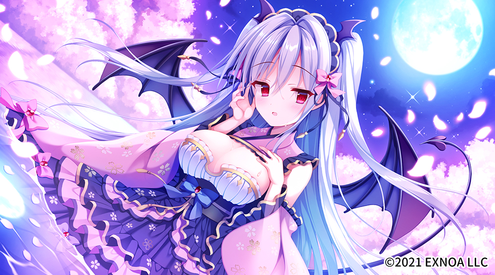 1girl angelic_link black_dress black_wings bow breasts cleavage cloud demon_girl demon_horns demon_tail demon_wings dress dutch_angle frilled_dress frilled_sleeves frills full_moon grey_hair hair_between_eyes hair_bow hair_intakes horns izuminanase layered_dress long_hair long_sleeves medium_breasts moon night night_sky official_art outdoors parted_lips petals pink_bow pink_sleeves red_eyes sky solo star_(sky) starry_sky tail two_side_up very_long_hair water wide_sleeves wings