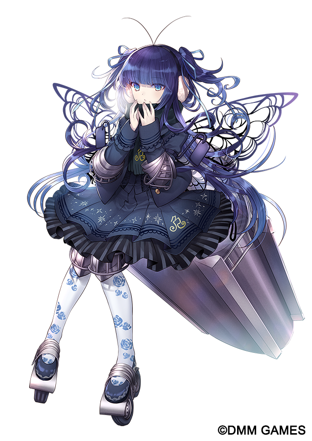 1girl antennae black_dress black_footwear black_scarf blue_eyes blue_hair blue_ribbon blunt_bangs breath butterfly_wings copyright couter dark_blue_hair dress earmuffs floral_print full_body gothic_lolita hair_ribbon hand_to_own_mouth hands_up inline_skates knees_together_feet_apart lolita_fashion long_hair long_sleeves looking_at_viewer official_art ole_tower pantyhose poleyn ribbon rinko_(mg54) roller_skates rose_print scarf shoes side-view_mirror simple_background sitting skates sleeve_cuffs sleeves_past_wrists solo star_(symbol) star_print striped striped_dress tank_(container) tank_truck_(ole_tower) two_side_up white_background white_pantyhose wings