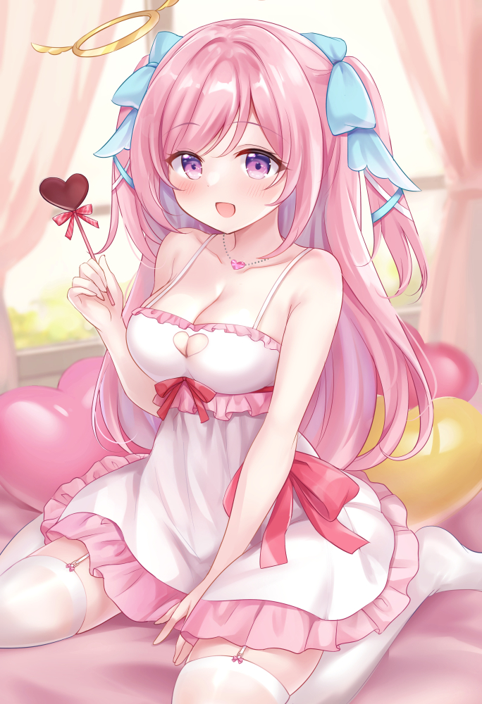 1girl :d blue_bow bow breasts cleavage cleavage_cutout clothing_cutout commentary_request commission curtains day dress frilled_dress frills garter_straps hair_bow halo hand_up heart heart_cutout holding indie_virtual_youtuber indoors large_breasts long_hair mashiro_mayu nikoo no_shoes pink_hair pixiv_commission red_bow sitting sleeveless sleeveless_dress smile solo thighhighs two_side_up very_long_hair virtual_youtuber wariza white_dress white_thighhighs window