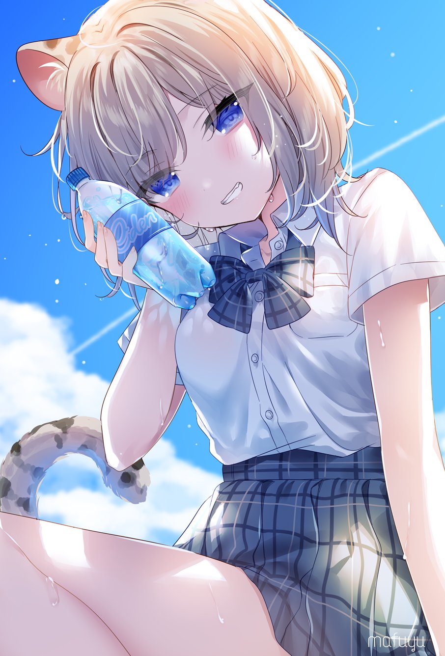 1girl animal_ear_fluff animal_ears blue_eyes blue_sky bottle dress_shirt grey_skirt grin highres light_brown_hair looking_at_viewer mafuyu_(chibi21) medium_hair original plaid plaid_skirt shirt short_sleeves skirt sky smile tail toranoana water_bottle wet wet_hair white_shirt