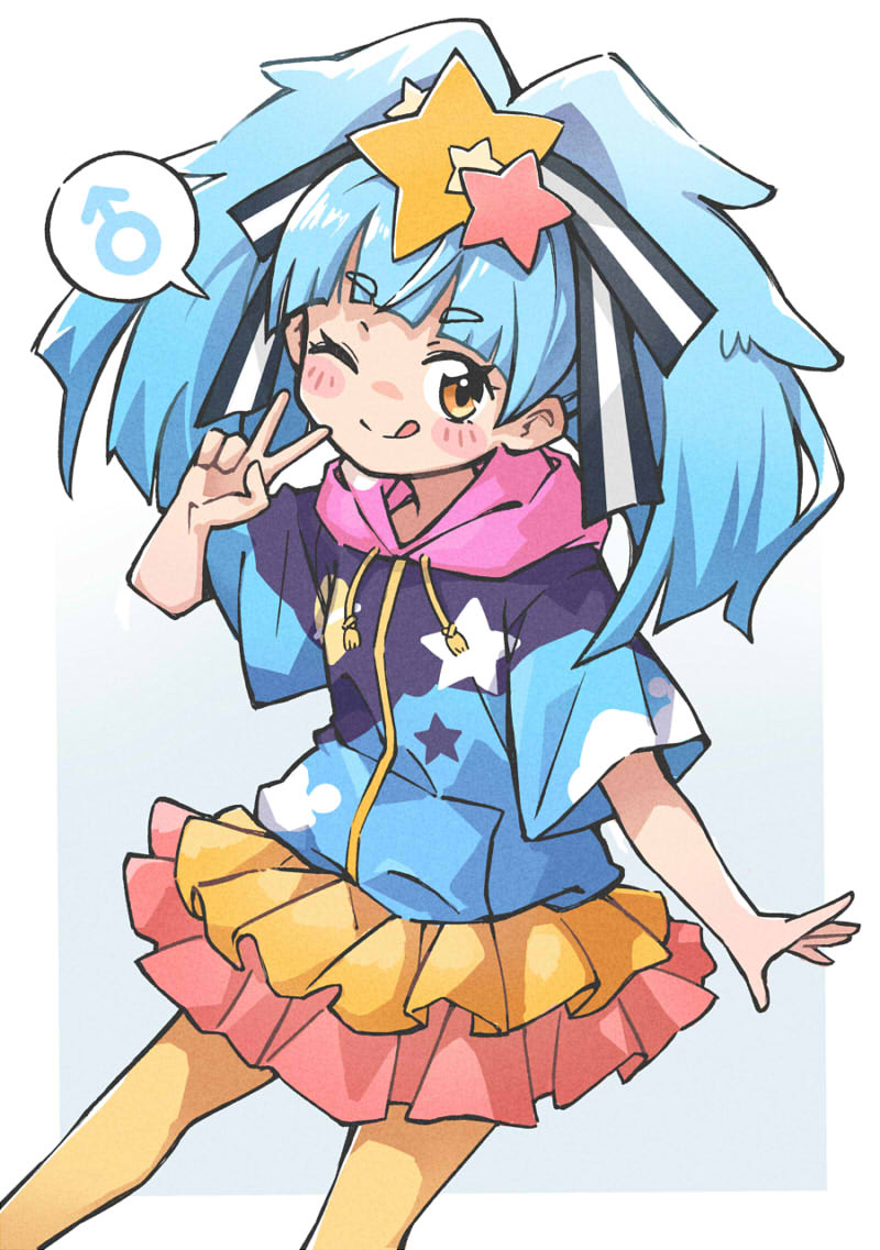 1boy :p blue_hair blunt_bangs frilled_skirt frills hair_ornament hair_ribbon hoshikawa_lily light_blue_hair long_hair male_focus mars_symbol one_eye_closed orange_skirt otoko_no_ko pink_skirt ribbon short_sleeves skirt smile star_(symbol) star_hair_ornament star_print striped striped_ribbon tongue tongue_out two-tone_skirt v yeh yellow_eyes zombie_land_saga