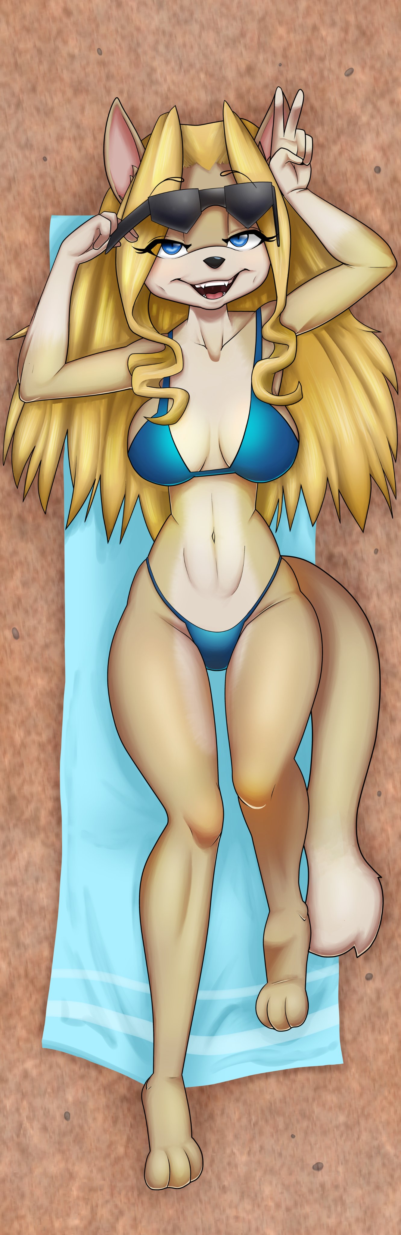 2023 absurd_res anthro barefoot black_nose blonde_hair blue_bikini_bottom blue_bikini_top blue_eyes breasts cheese_quesadilla digital_media_(artwork) eyewear feet felid female gesture hair hi_res koabao lying mammal navel on_back open_mouth sand smile solo sunglasses towel v_sign