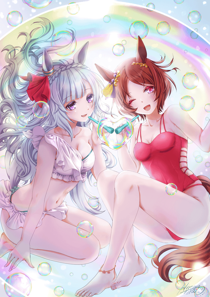 2girls alternate_costume animal_ears bare_shoulders barefoot bikini bikini_skirt braid breasts brown_hair bubble cleavage commentary_request commission crown_braid ear_ornament feet grey_hair heart-shaped_bubbles horse_ears horse_girl horse_tail in_bubble large_breasts long_hair medium_breasts mejiro_ardan_(umamusume) multiple_girls one-piece_swimsuit pink_eyes purple_eyes red_one-piece_swimsuit sakura_laurel_(umamusume) short_hair skeb_commission smile swimsuit tail terao_hiromu umamusume very_long_hair white_bikini