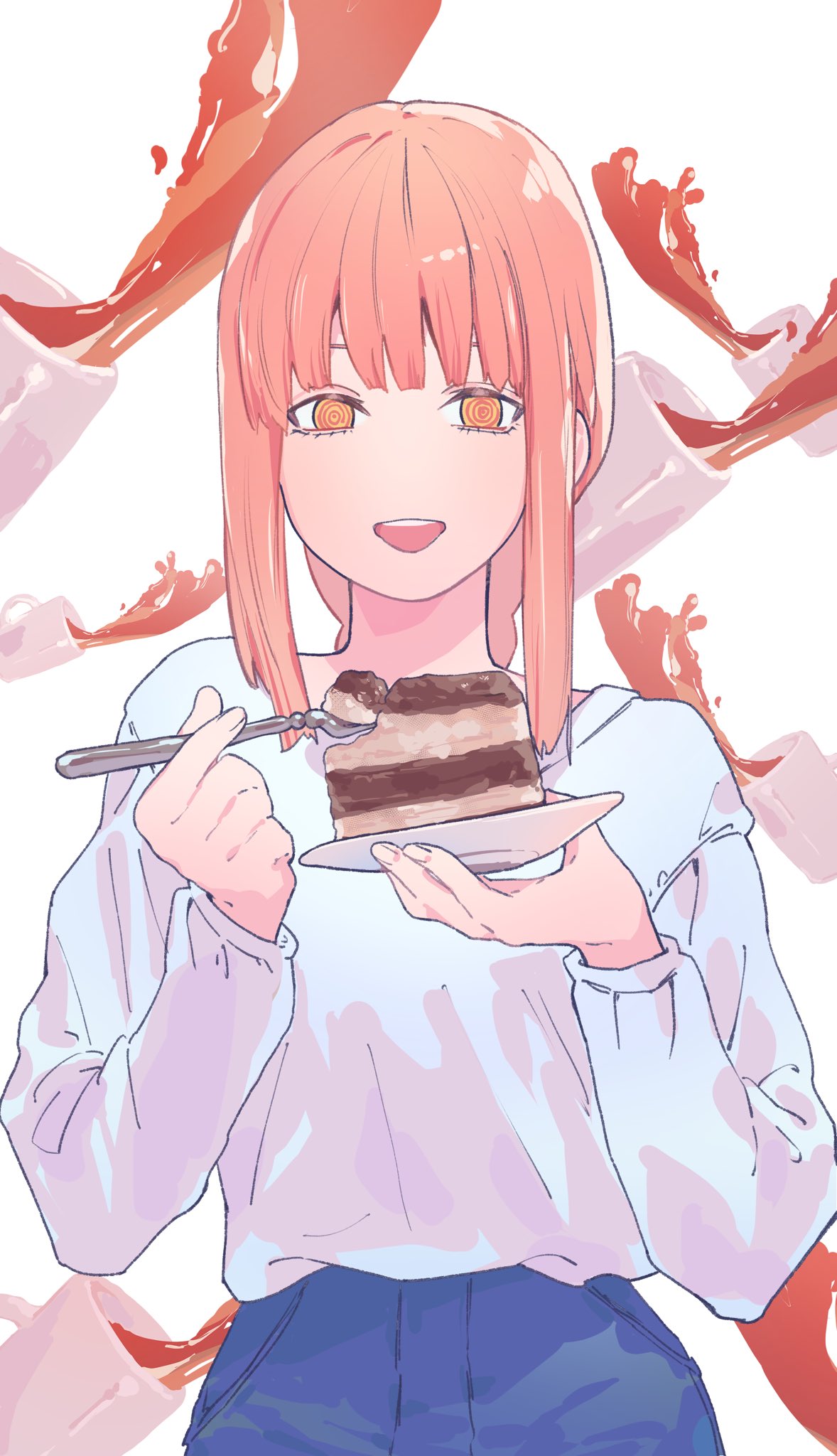 arms_up braid chainsaw_man coffee coffee_cup cup dessert disposable_cup eating food fork highres holding holding_fork holding_plate long_hair long_sleeves looking_at_object no_nose open_mouth plate red_hair ringed_eyes shirt sidelocks smile tiramisu upper_body valentine_(02140314c) white_shirt yellow_eyes