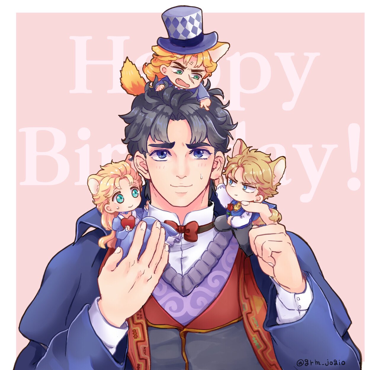 1girl 3boys animal_ears blonde_hair blue_eyes blue_hair blush cat_boy cat_ears cat_girl cat_tail chibi commentary_request dio_brando erina_pendleton european_clothes grm_jogio happy_birthday hat highres holding jojo_no_kimyou_na_bouken jonathan_joestar long_hair long_sleeves looking_at_another multiple_boys nervous_smile open_mouth phantom_blood robert_e._o._speedwagon smile sweatdrop tail