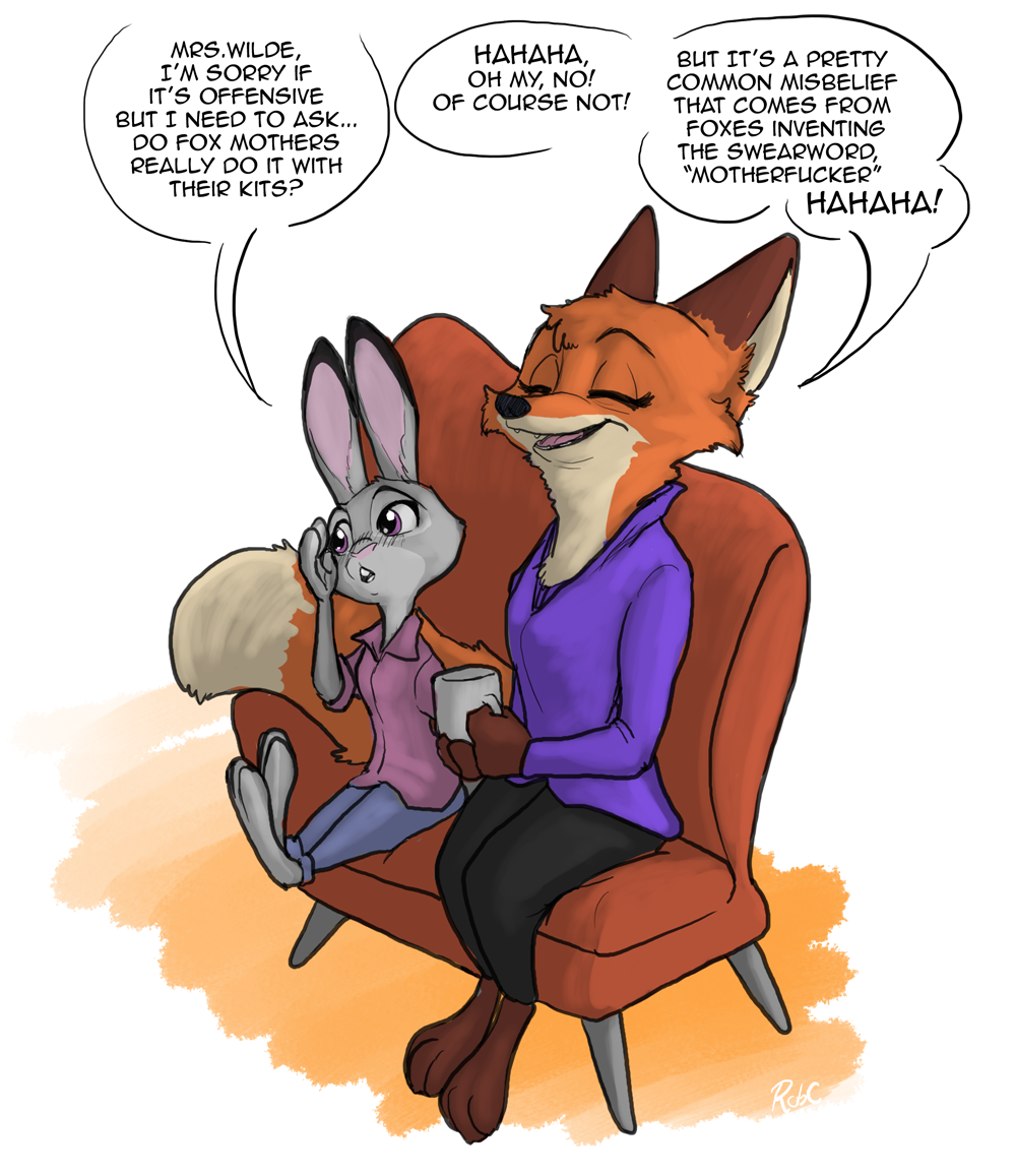 anthro beverage canid canine coffee container cup dialogue disney duo ears_up eyes_closed female fox furniture judy_hopps lagomorph leporid mammal mrs._wilde mug rabbit robcivecat simple_background sofa text white_background zootopia