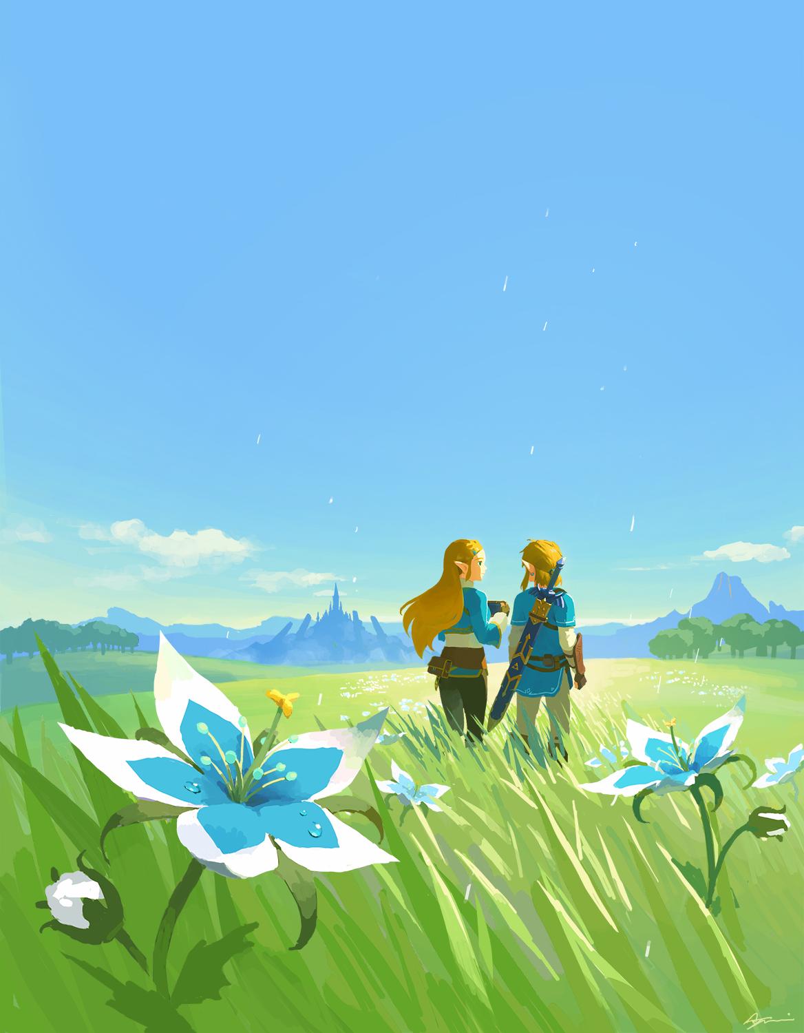 1boy 1girl arm_guards ayumi_(830890) belt black_gloves black_pants blonde_hair blue_flower blue_shirt blue_sky blue_tunic brown_belt bud castle champion's_tunic_(zelda) cloud commentary day earrings facing_away field flower from_behind gloves grass hair_ornament hairclip hands_up highres holding jewelry layered_sleeves link long_hair long_sleeves looking_at_another looking_to_the_side master_sword medium_hair mountainous_horizon outdoors pants pointy_ears ponytail pouch princess_zelda sheath shirt short_over_long_sleeves short_sleeves sidelocks sky standing sword sword_on_back the_legend_of_zelda the_legend_of_zelda:_breath_of_the_wild tree triforce tunic volcano water_drop weapon weapon_on_back white_pants white_shirt