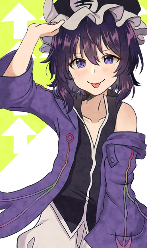 1other androgynous black_hair black_shirt frilled_hat frills hat hood hooded_jacket jacket len'en mob_cap off_shoulder puffy_shorts purple_eyes purple_hair purple_jacket shirt shitodo_kuroji short_hair shorts sleeveless sleeveless_shirt smile solo tongue tongue_out triangular_headpiece white_shorts wide_sleeves ximsol182