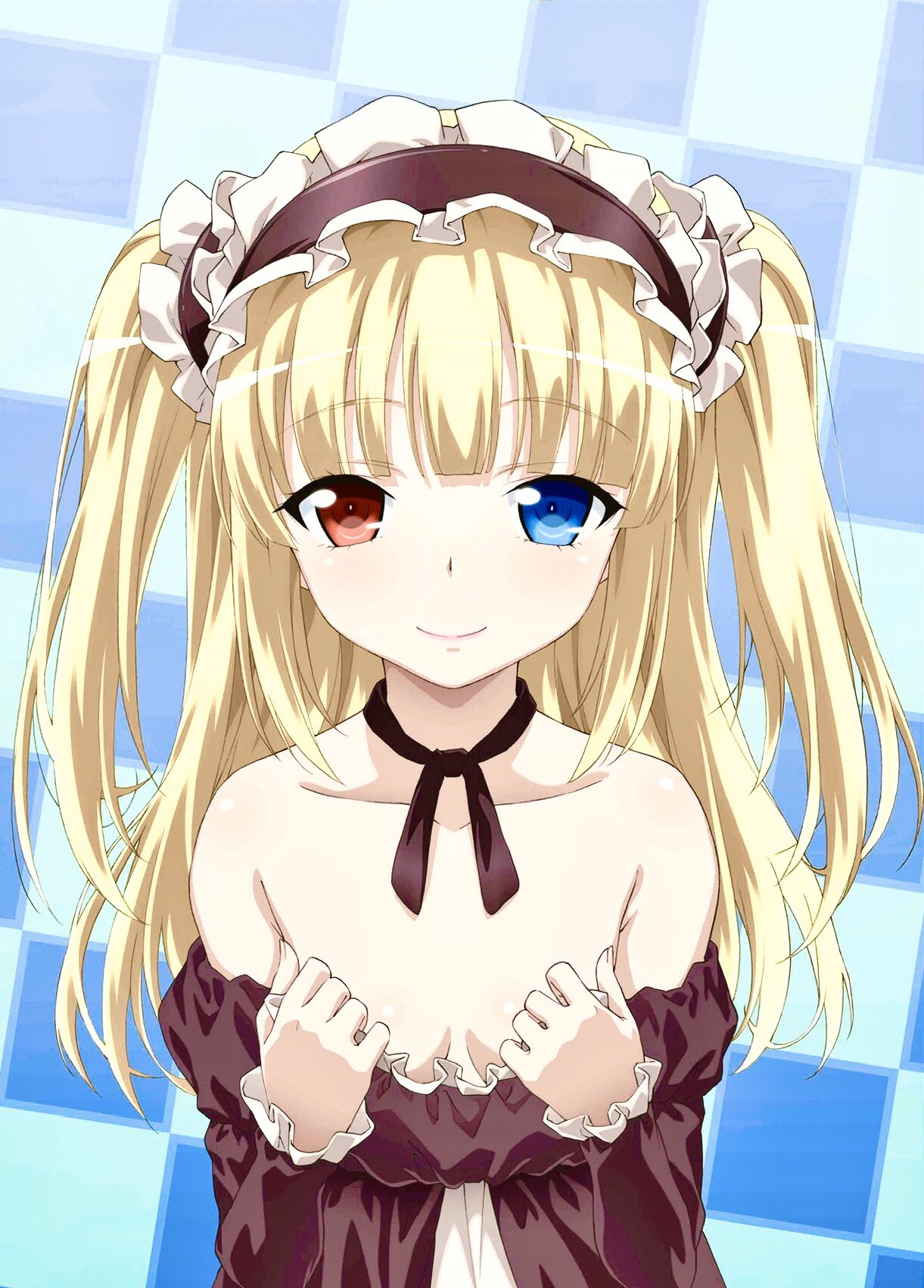 1girl bare_shoulders black_dress black_ribbon blonde_hair blue_eyes boku_wa_tomodachi_ga_sukunai breasts checkered_background cleavage closed_mouth clothes_pull dress dress_pull frilled_dress frills hairband hasegawa_kobato heterochromia highres lolita_hairband long_hair long_sleeves looking_at_viewer neck_ribbon pulled_by_self red_eyes ribbon small_breasts solo two_side_up upper_body watanabe_yoshihiro