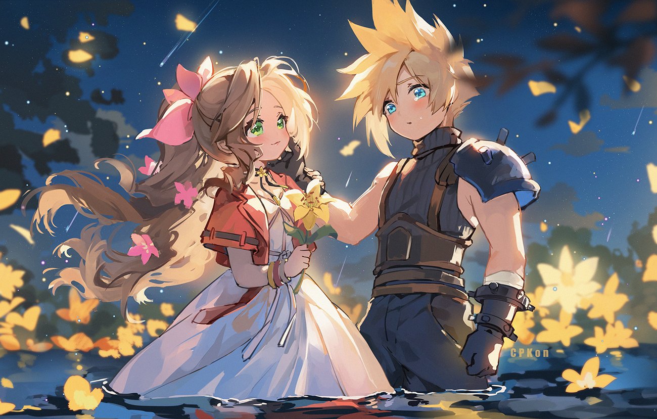 1boy 1girl aerith_gainsborough aqua_eyes armor artist_name bandaged_arm bandages bangle belt blonde_hair blue_pants blue_shirt blurry blurry_foreground blush bracelet braid braided_ponytail brown_belt brown_hair cat_princess choker clenched_hand cloud_strife couple cropped_jacket dress falling_petals final_fantasy final_fantasy_vii final_fantasy_vii_remake flower flower_choker gloves green_eyes hair_between_eyes hair_flower hair_ornament hair_ribbon hand_on_another's_cheek hand_on_another's_face hetero holding holding_flower jacket jewelry lily_(flower) long_dress long_hair looking_at_another multiple_belts night night_sky outdoors pants parted_bangs parted_lips partially_submerged petals pink_dress pink_flower pink_ribbon red_jacket ribbon shirt shooting_star short_hair short_sleeves shoulder_armor sidelocks single_bare_shoulder sky sleeveless sleeveless_turtleneck spiked_hair star_(sky) starry_sky suspenders tears turtleneck wavy_hair yellow_flower