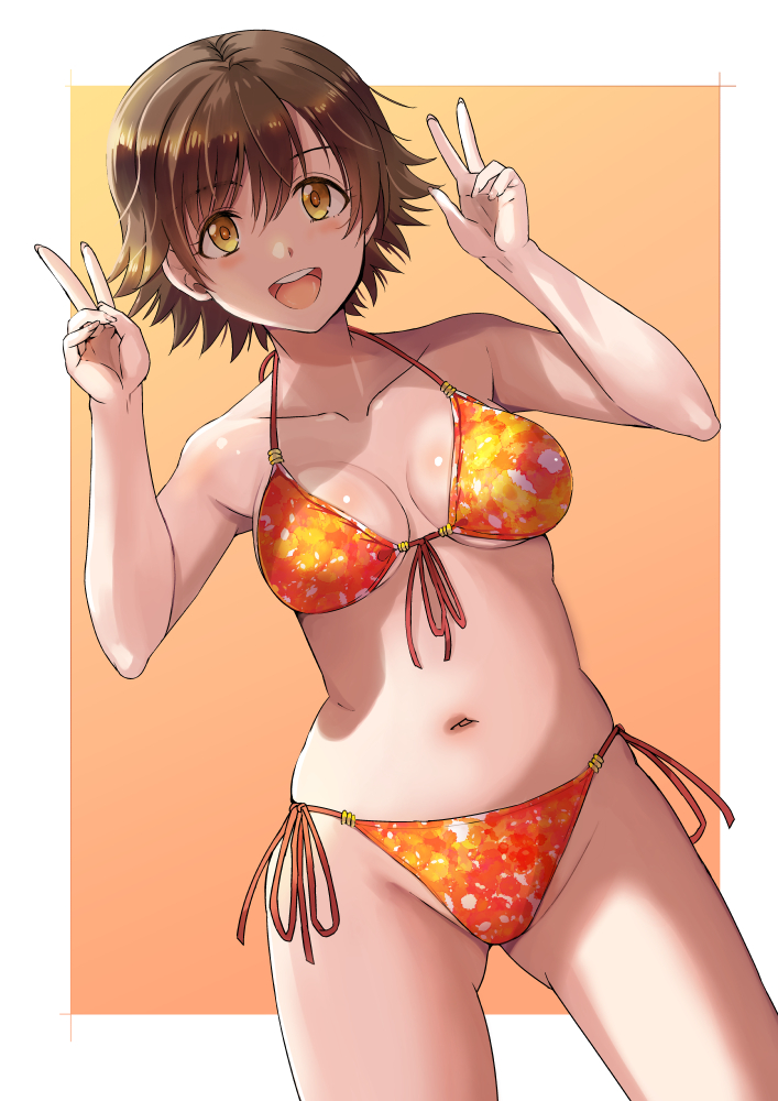 1girl ass_visible_through_thighs bikini breasts brown_eyes brown_hair collarbone double_v floral_print front-tie_bikini_top front-tie_top honda_mio idolmaster idolmaster_cinderella_girls looking_at_viewer medium_breasts navel open_mouth orange_background orange_bikini round_teeth shiroyukimajima short_hair side-tie_bikini_bottom solo standing swimsuit teeth two-tone_background upper_teeth_only v