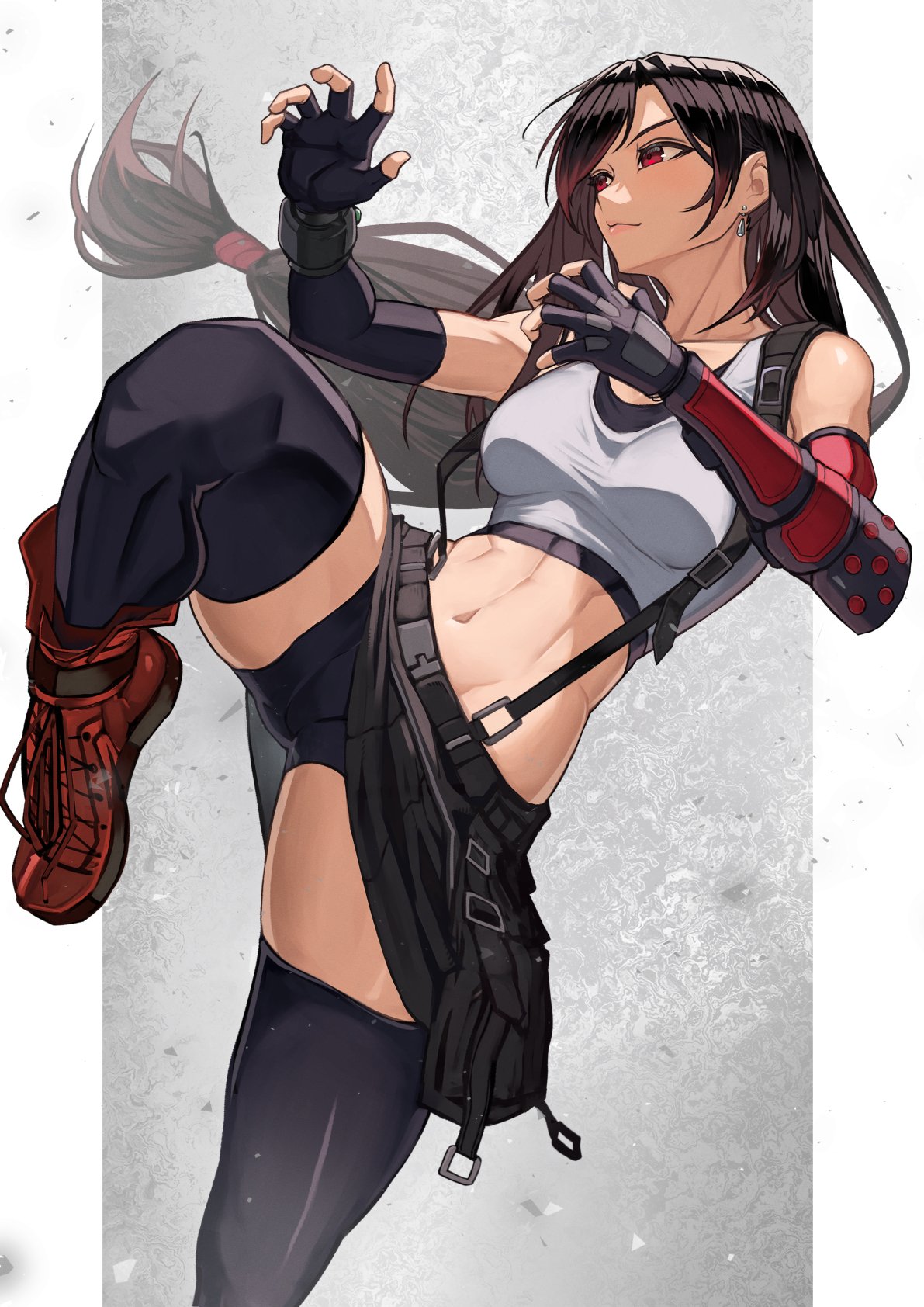 1girl abs black_gloves black_skirt black_thighhighs brown_hair elbow_gloves final_fantasy final_fantasy_vii final_fantasy_vii_remake fingerless_gloves gloves highres long_hair looking_to_the_side low-tied_long_hair midriff navel red_eyes red_footwear shoes skirt solo standing standing_on_one_leg suspender_skirt suspenders tank_top temoc thighhighs tifa_lockhart white_tank_top