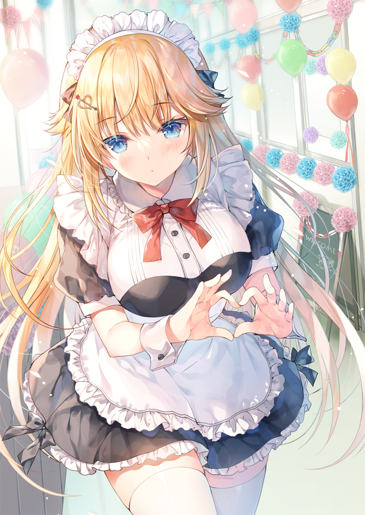 1girl apron black_dress black_ribbon blonde_hair blue_eyes blush breasts cover cover_image daininki_idol_na_classmate_ni_natsukareta dress frilled_apron frills hair_ornament heart heart_hands indoors large_breasts long_hair looking_at_viewer maid maid_apron maid_headdress miwabe_sakura moe_moe_kyun! novel_illustration official_art red_ribbon revision ribbon thighhighs waist_apron white_apron wrist_cuffs zettai_ryouiki