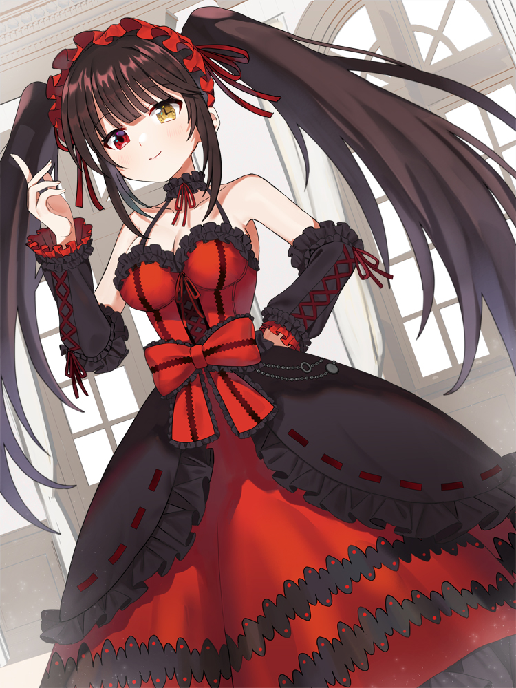 1girl bare_shoulders black_hair breasts clock_eyes date_a_live detached_sleeves dress dutch_angle hairband heterochromia lolita_hairband medium_breasts mohemohemincho red_dress red_eyes smile solo symbol-shaped_pupils tokisaki_kurumi twintails two-tone_dress