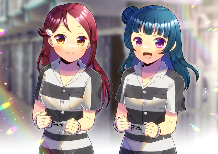 2girls :d blue_hair blurry blurry_background brown_eyes closed_mouth collarbone collared_shirt commentary_request commission cuffs depth_of_field dress_shirt hair_ornament hairclip handcuffs kou_hiyoyo long_hair looking_at_viewer love_live! love_live!_sunshine!! multiple_girls prison_clothes purple_eyes red_hair sakurauchi_riko shirt short_sleeves skeb_commission smile striped striped_shirt tsushima_yoshiko