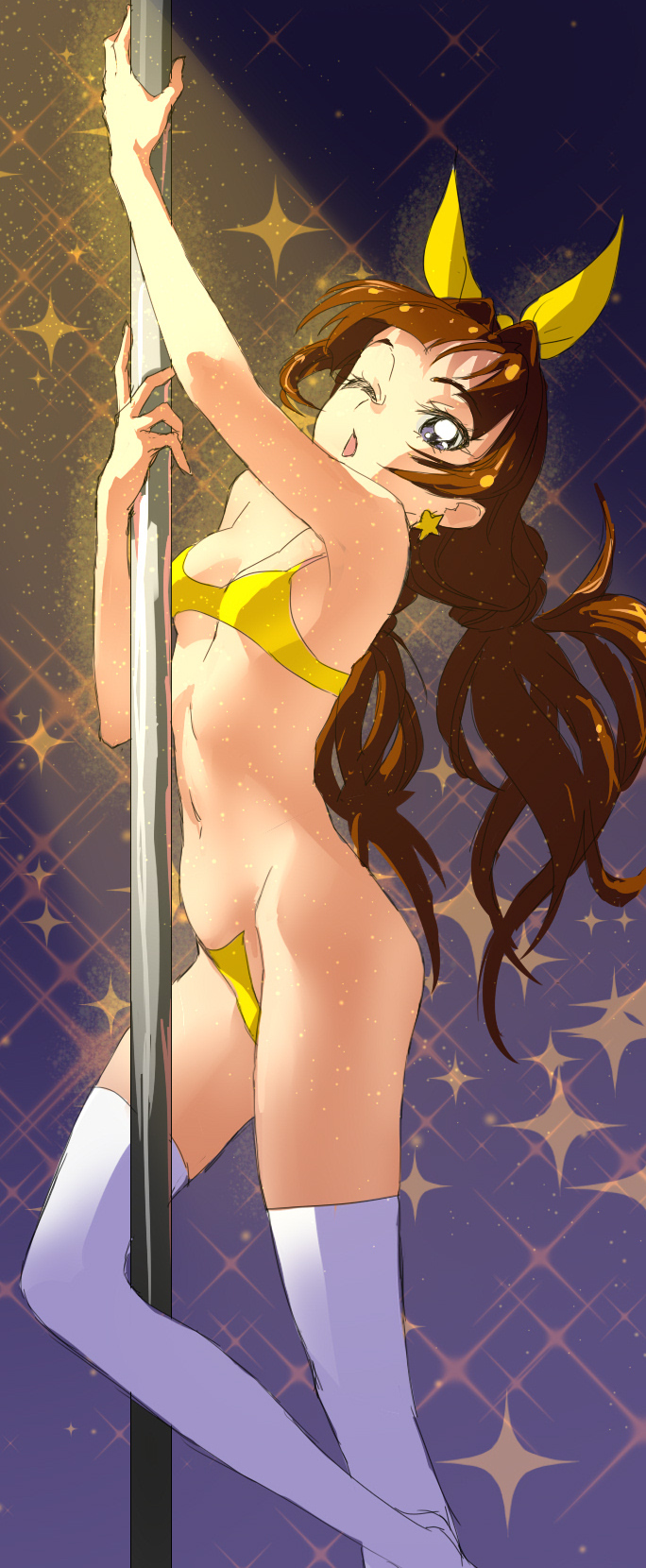 1girl amanogawa_kirara arm_up armpits braid breasts brown_hair commentary_request earrings go!_princess_precure hair_ornament hair_ribbon highres jewelry long_hair nadeara_bukichi pole_dancing precure purple_eyes ribbon small_breasts solo star_(symbol) star_earrings stripper_pole thighhighs twin_braids underwear underwear_only white_thighhighs