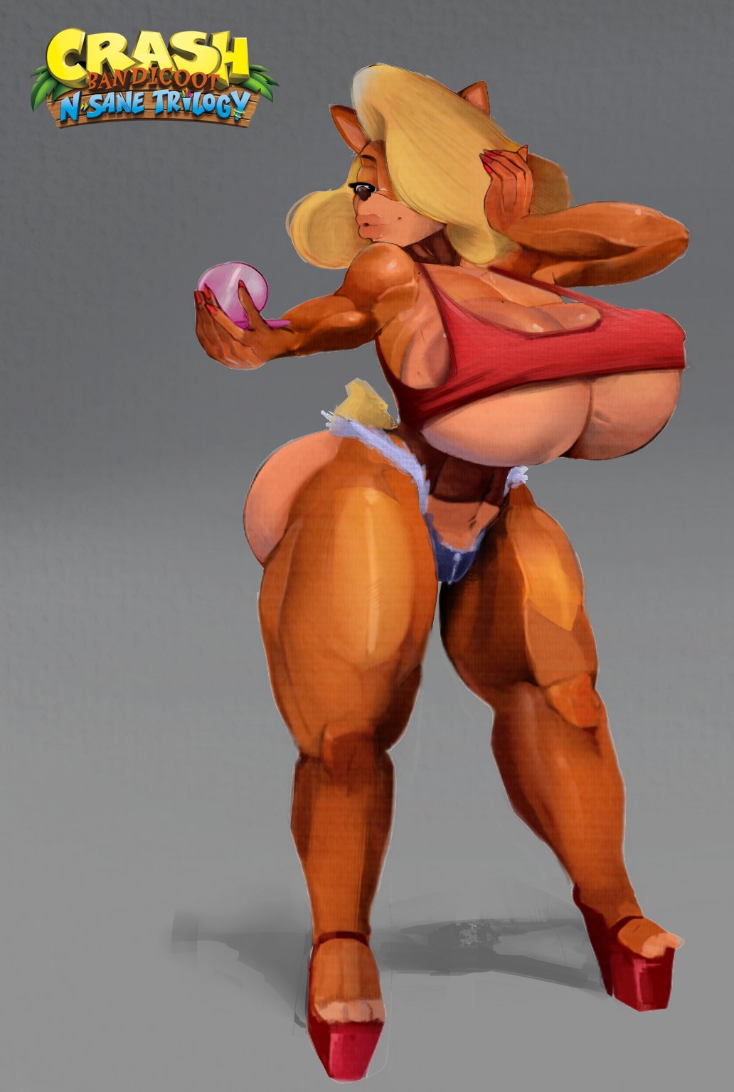 activision anthro areola areola_slip bandicoot big_breasts blonde_hair breasts clothed clothing crabtopus crash_bandicoot_(series) crop_top denim denim_clothing denim_thong female hair hi_res huge_breasts lips mammal marsupial muscular muscular_anthro muscular_female nipple_outline nipples scut_tail shirt short_tail skimpy solo tail tawna_bandicoot thick_thighs thong topwear underwear wide_hips