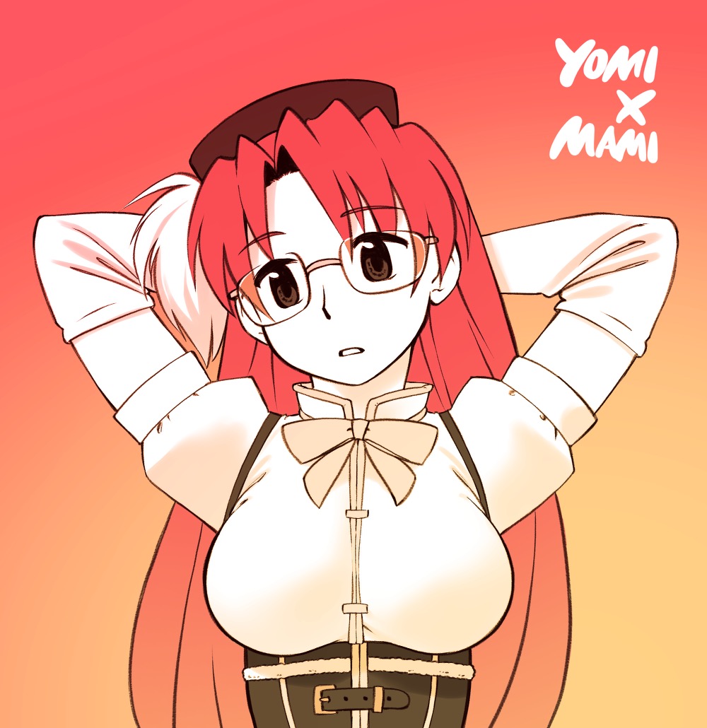 1girl arms_behind_head azumanga_daioh beret bow bowtie breasts character_name commentary corset cosplay detached_sleeves glasses gradient_background gradient_hair hat head_tilt long_hair looking_afar mahou_shoujo_madoka_magica mizuhara_koyomi multicolored_hair mxx3d0ut orange_background parted_lips puffy_sleeves red_background red_hair rimless_eyewear simple_background solo tomoe_mami tomoe_mami_(cosplay) upper_body