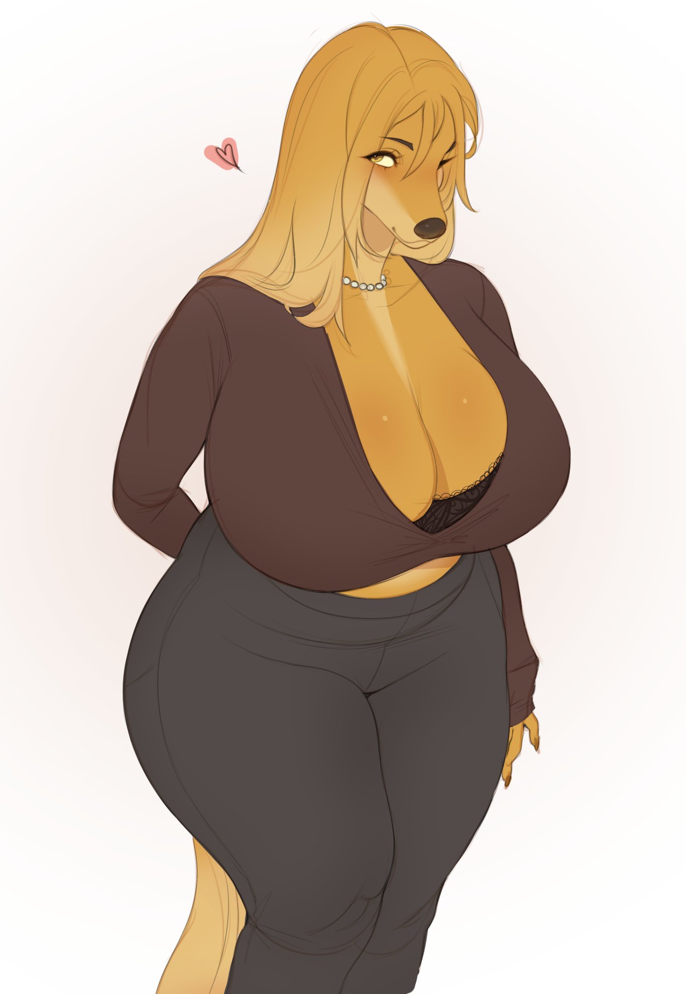 2023 anthro big_breasts bottomwear breasts canid canine canis cherrikissu cleavage clothed clothing domestic_dog female fully_clothed hand_behind_back hi_res huge_breasts hunting_dog jewelry mabel_(cherrikissu) mammal mature_anthro mature_female necklace pants saluki sighthound solo tail topwear