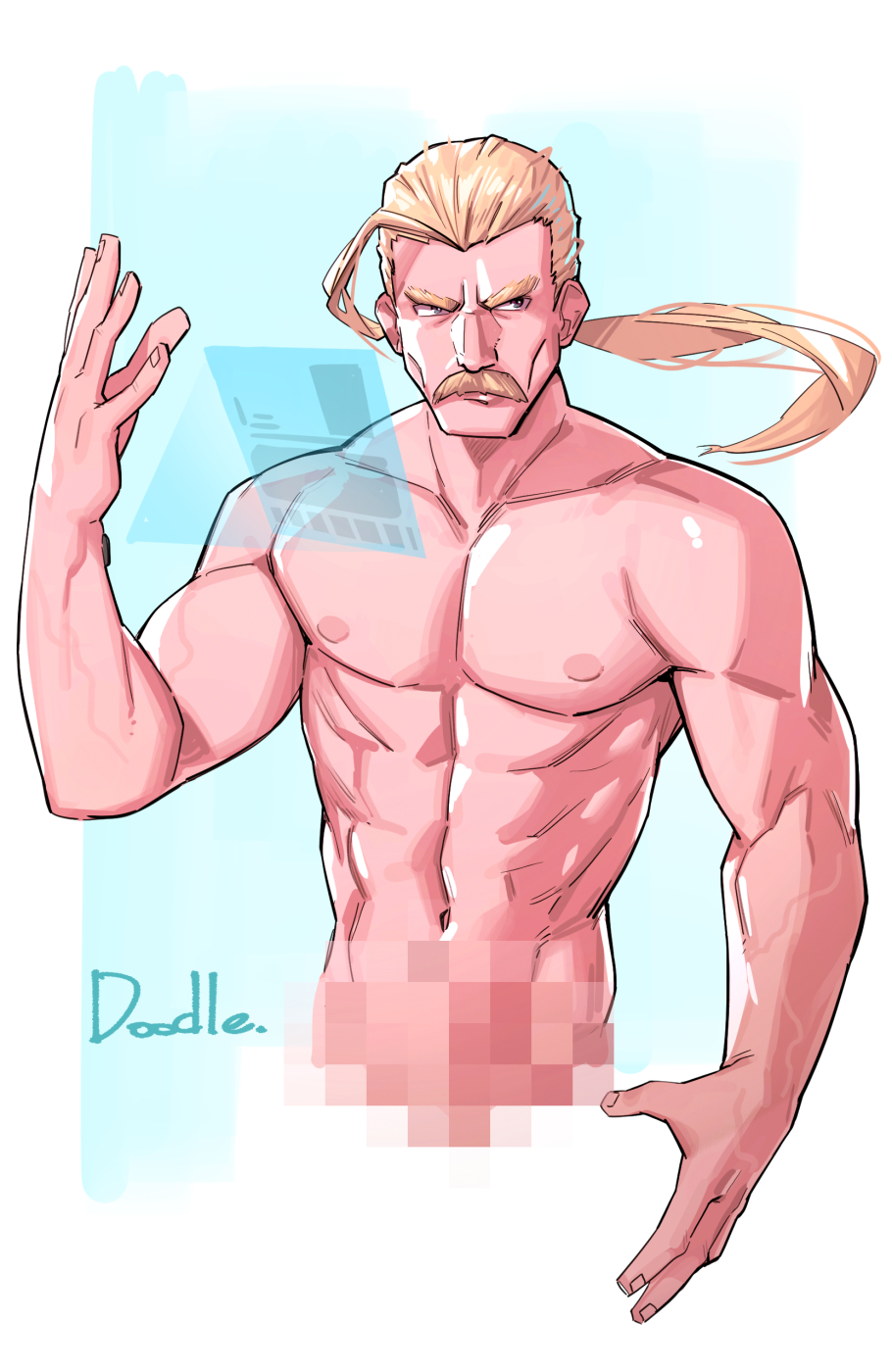 1boy abs aki_rosenthal ark_survival_evolved blonde_hair blue_eyes censored facial_hair genderswap genderswap_(ftm) highres holographic_interface long_hair male_focus mosaic_censoring mukirose muscular muscular_male mustache navel nipples nude ponytail rat_huang solo veins virtual_youtuber