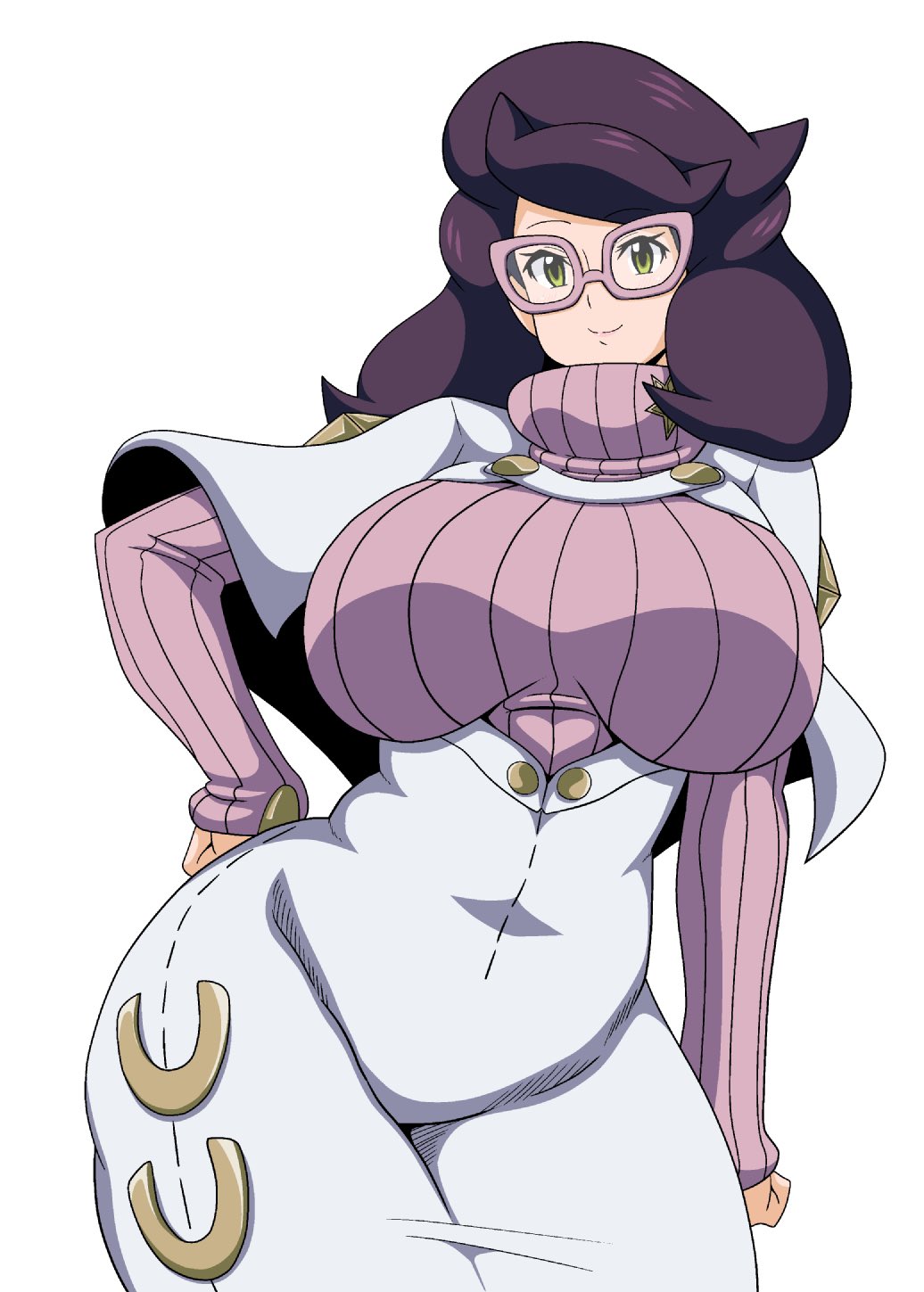 1girl big_hair breasts buttons capelet curvy glasses green_eyes hand_on_own_hip highres koutarosu large_breasts long_sleeves mature_female pink-framed_eyewear pink_sweater pokemon pokemon_(game) pokemon_sm purple_hair ribbed_sweater skirt solo sweater turtleneck turtleneck_sweater white_background white_capelet white_skirt wicke_(pokemon) wide_hips