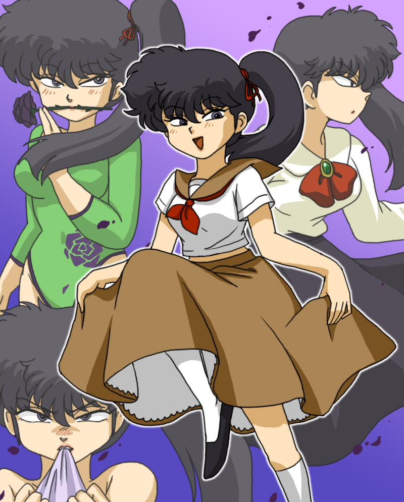 black_footwear black_hair black_skirt blush breasts brown_skirt flower flower_in_mouth hair_between_eyes kunou_kodachi open_mouth purple_background ranma_1/2 rose simple_background skirt socks variations wanta_(futoshi) white_socks