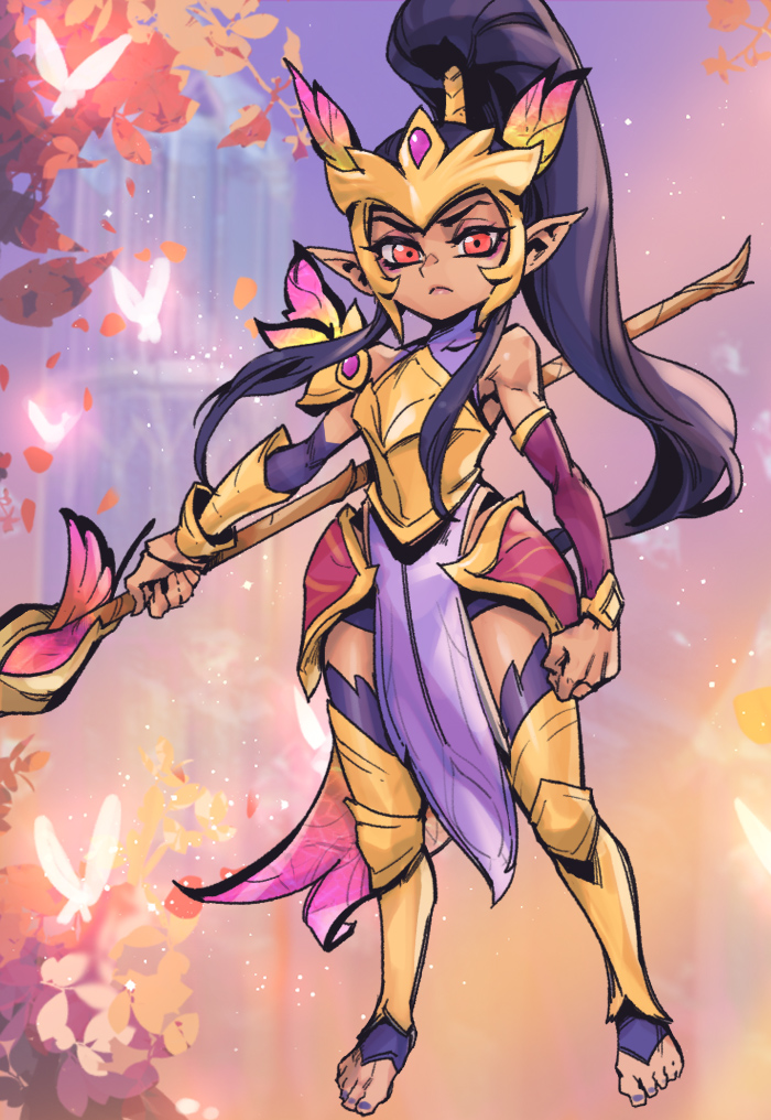 1girl armor bare_shoulders black_hair breastplate clenched_hand covered_collarbone faerie_court_kalista fairy frown gem gold_armor holding holding_polearm holding_weapon kalista league_of_legends long_hair multicolored_background nail_polish phantom_ix_row pink_nails pointy_ears polearm red_eyes shorts shoulder_plates toenail_polish toenails tree very_long_hair weapon