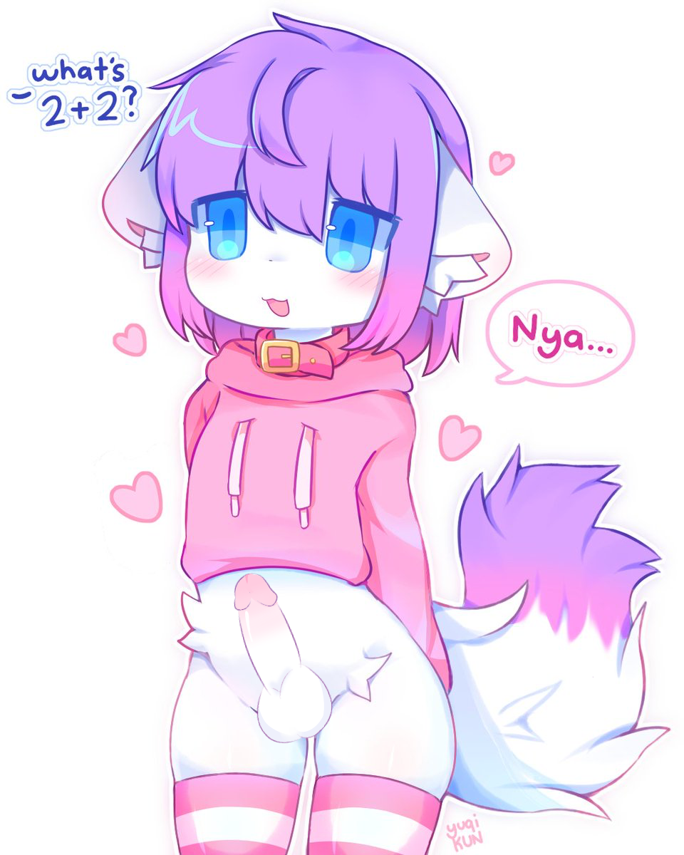 anthro balls blue_eyes blush catboy clothed clothing digital_media_(artwork) erection fur genitals girly hair hi_res legwear male nude open_mouth penis simple_background smile solo tail text thick_thighs thigh_highs tongue tongue_out topwear white_body white_fur yuqikun