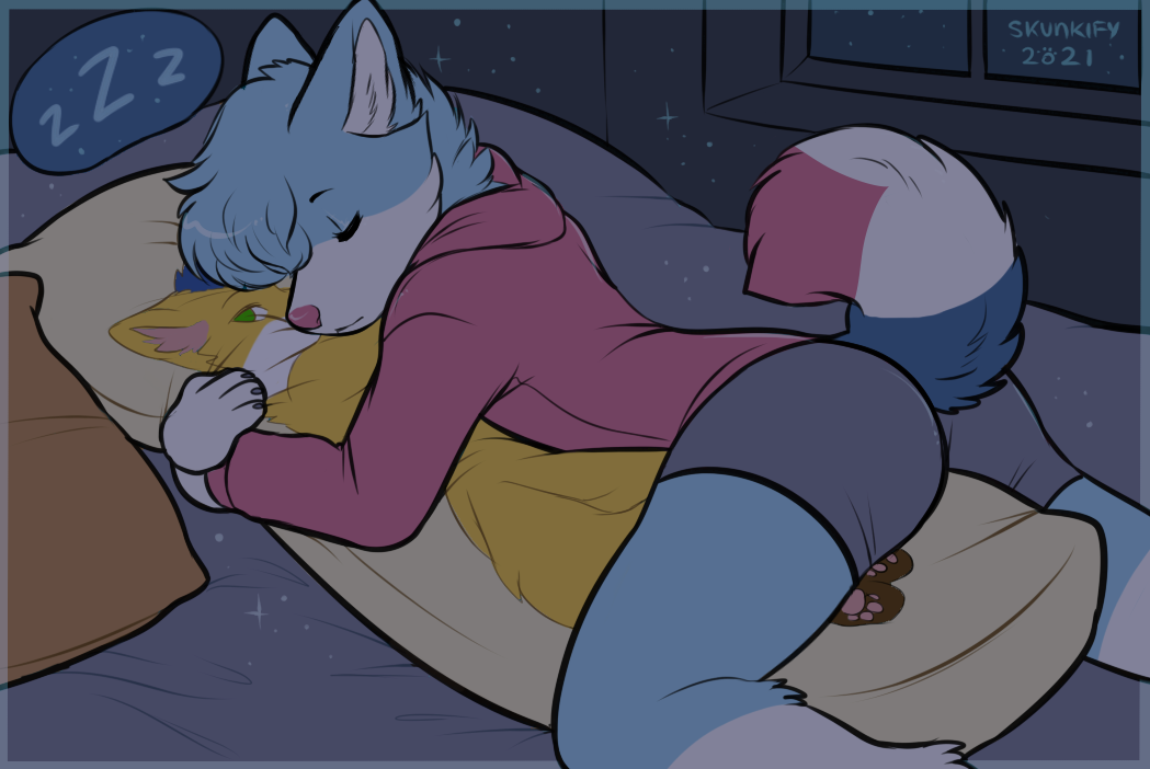 anthro arctic_wolf blue_body blue_fur canid canine canis clothed clothing dakimakura_design embrace fox fur hug male mammal orange_body orange_fur partially_clothed pillow pink_body pink_fur skunkify sleeping sweater topwear underwear white_body white_fur wolf